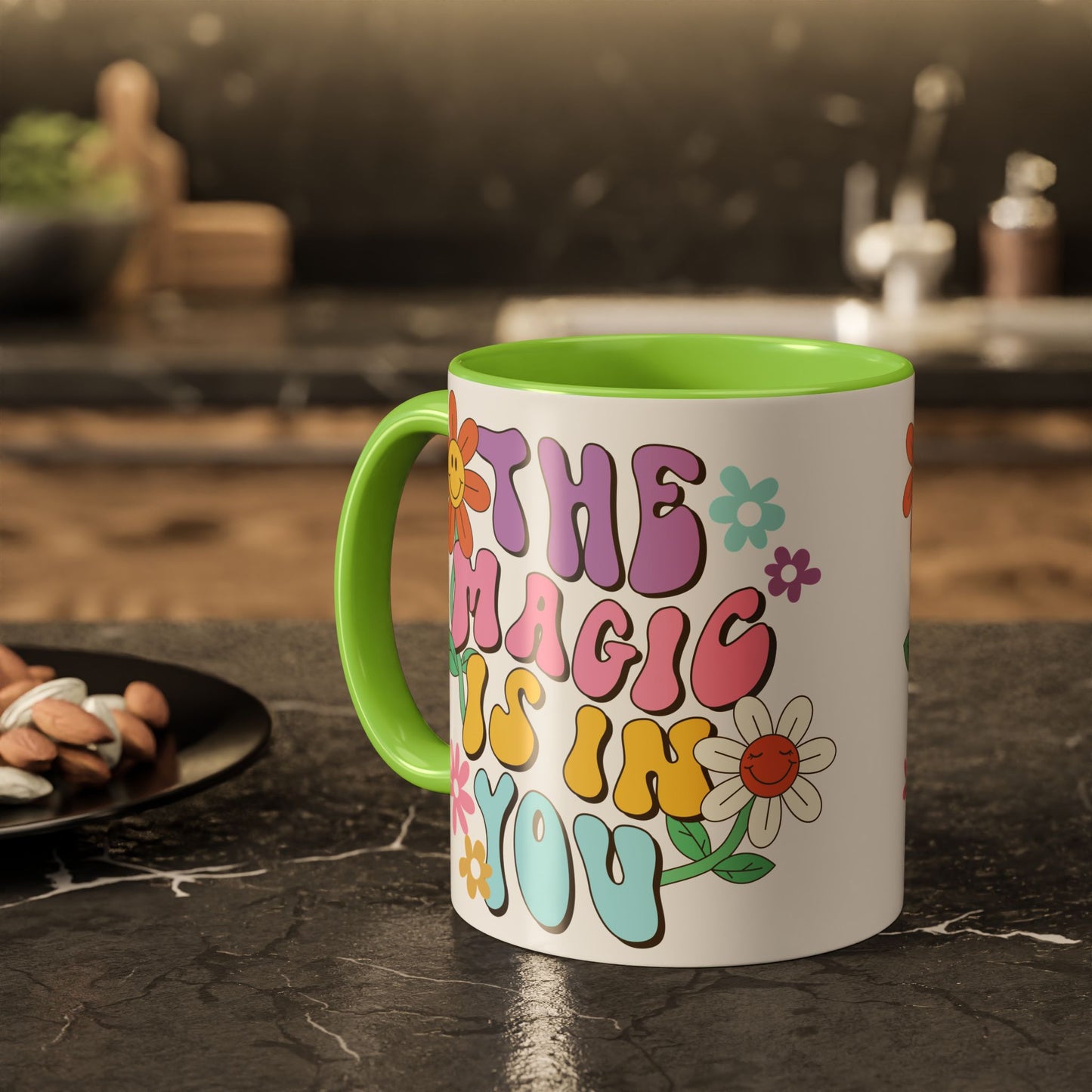The Magic Is In You Accent Mug – Retro Flower Lettering | 11oz 15oz Colored Handle