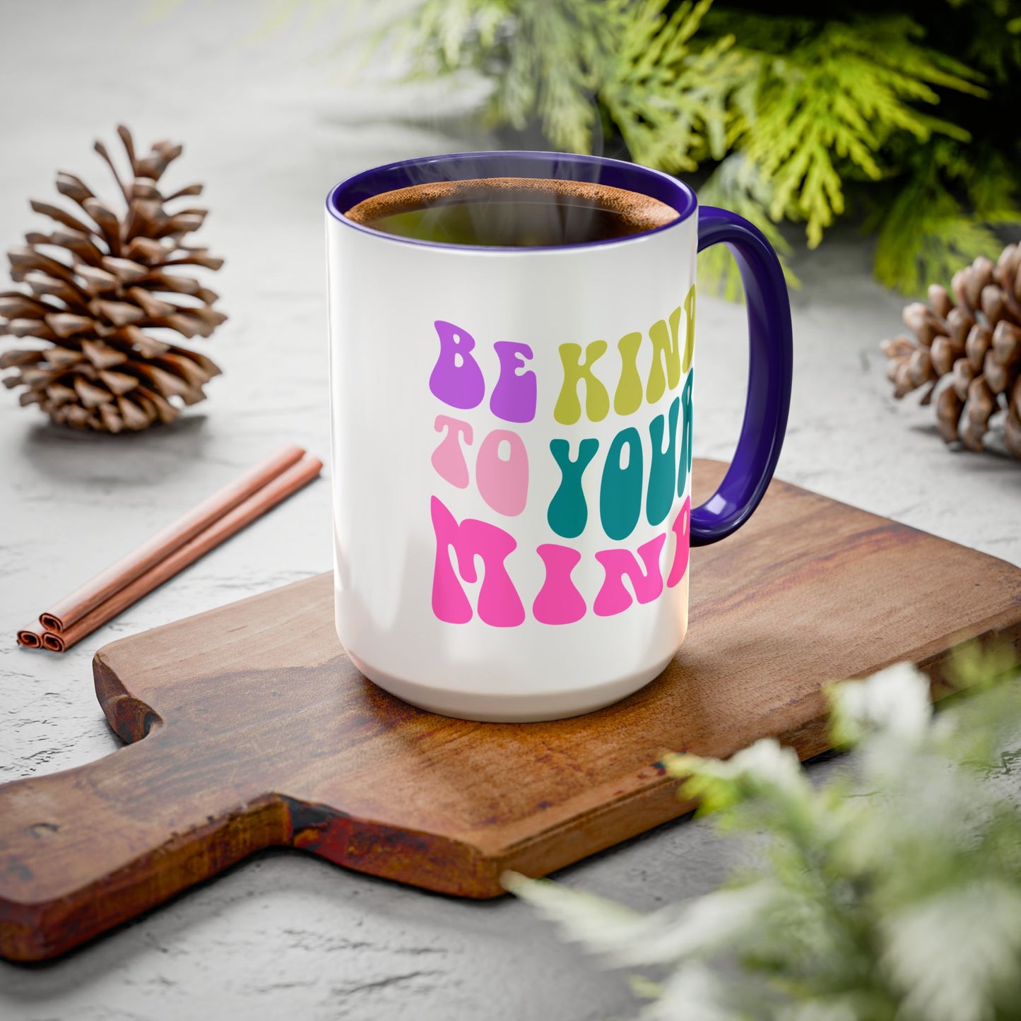 Be Kind To Your Mind Accent Mug – Retro Rainbow Letters | 11oz 15oz Colored Handle