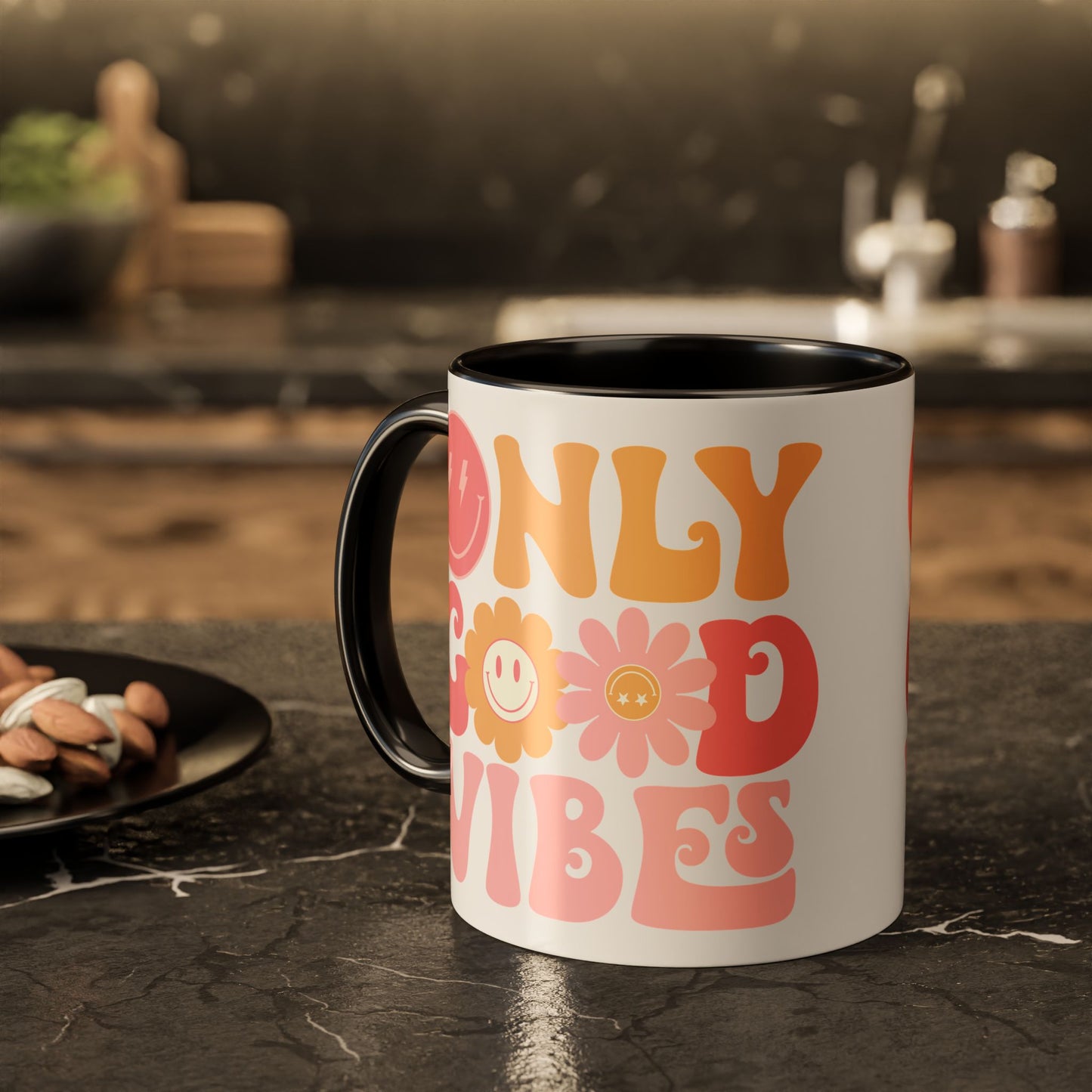 Only Good Vibes Accent Mug – Retro Bubble Letters & Flowers | 11oz 15oz Colored Handle
