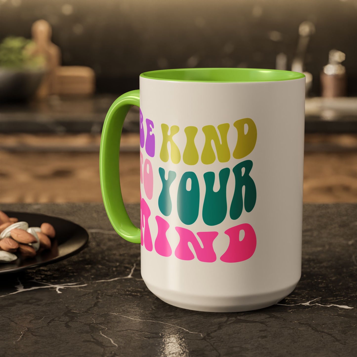 Be Kind To Your Mind Accent Mug – Retro Rainbow Letters | 11oz 15oz Colored Handle