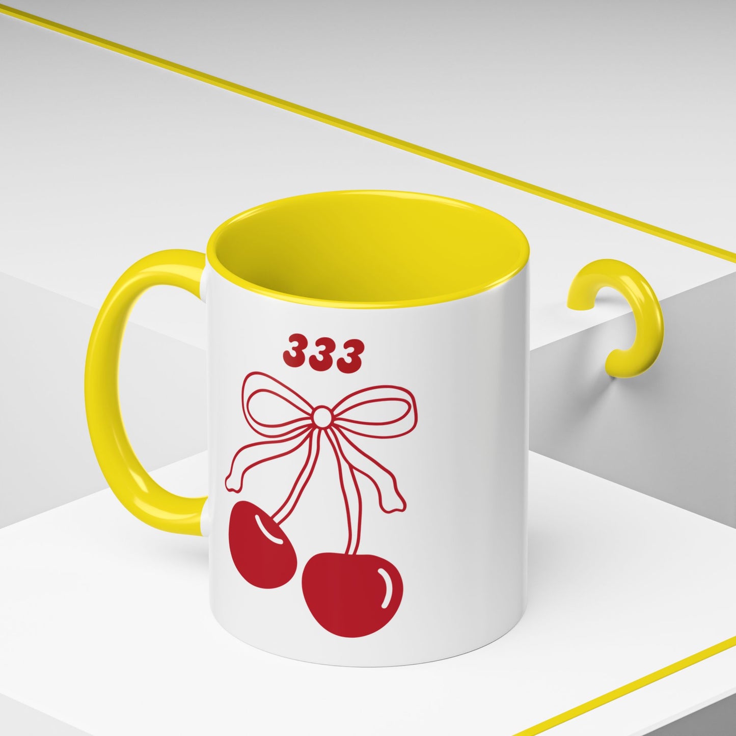333 Angel Number Cherries Accent Mug – Coquette Bow | Kawaii Coffee Mug | 11oz 15oz — Black, Red, Navy, Pink, Light Blue