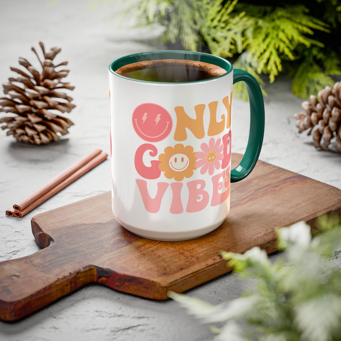 Only Good Vibes Accent Mug – Retro Bubble Letters & Flowers | 11oz 15oz Colored Handle
