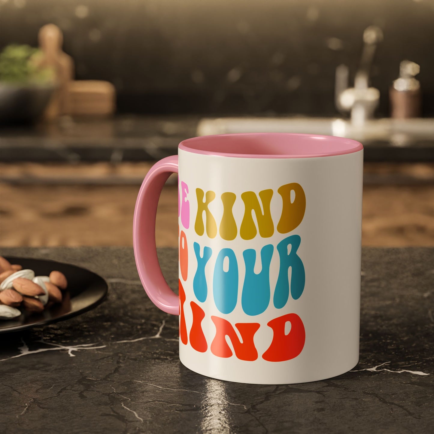 Be Kind To Your Mind Accent Mug – Retro Rainbow Letters | 11oz 15oz Multiple colors