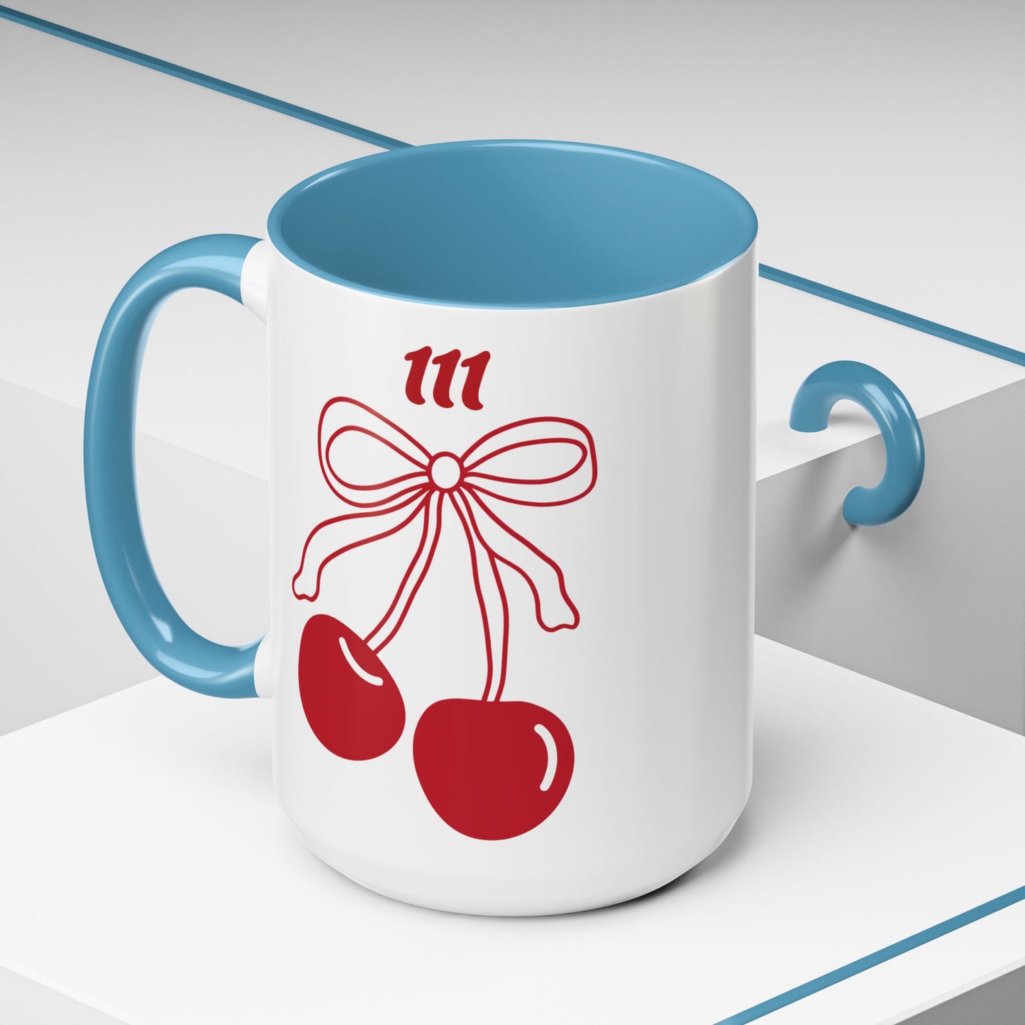 111 Angel Number Cherries Accent Mug – Coquette Bow Kawaii Coffee Mug Aesthetic | 11oz 15oz — Pink, Black, Purple, Yellow, Light Blue