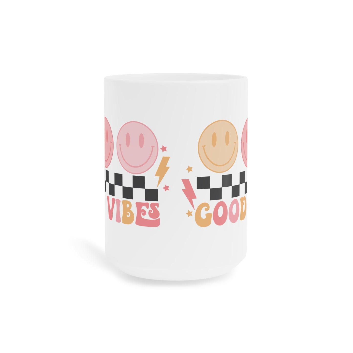 Good Vibes Psychedelic Coffee Mug 20oz - Pink Typography, Black-White Checkered with Smiling Faces - Retro Love, Radiate Positivity