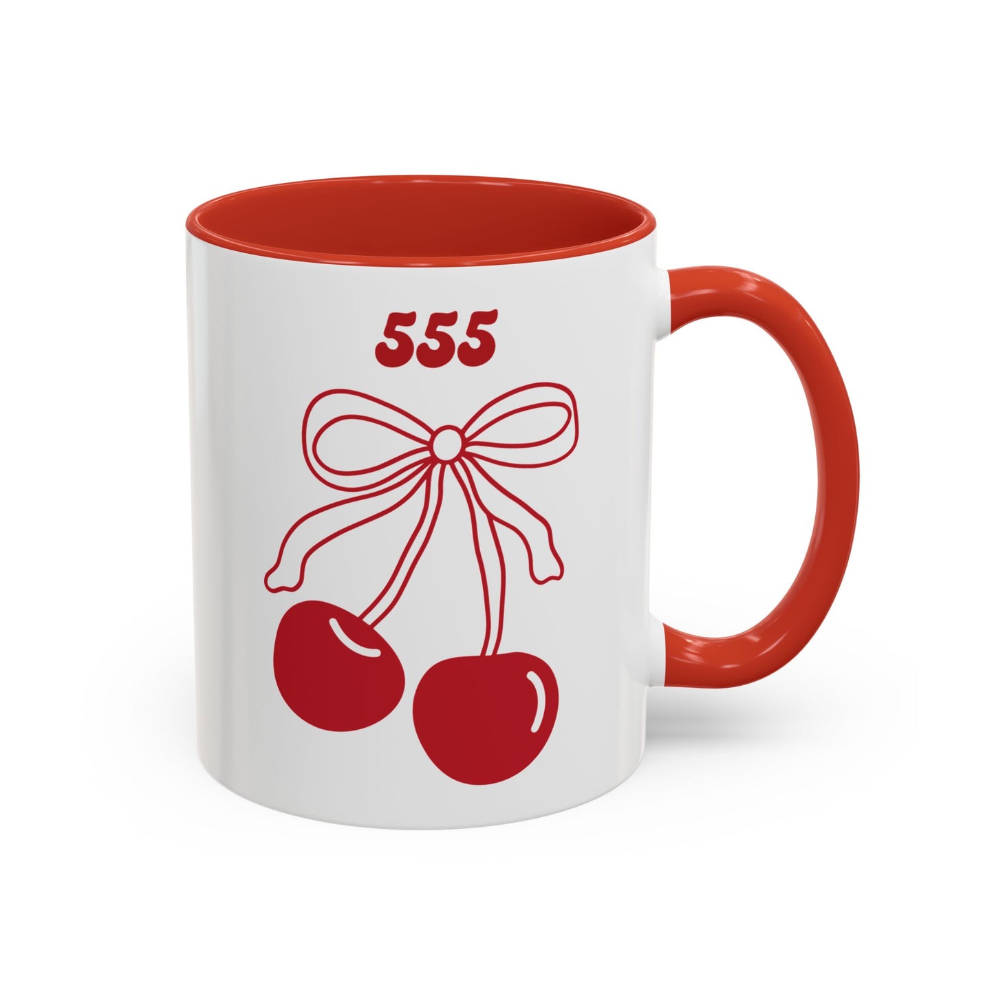 555 Angel Number Cherries Accent Mug – Coquette Bow Kawaii | 11oz 15oz — Pink, Red, Navy, Light Blue, Orange, Purple, Yellow