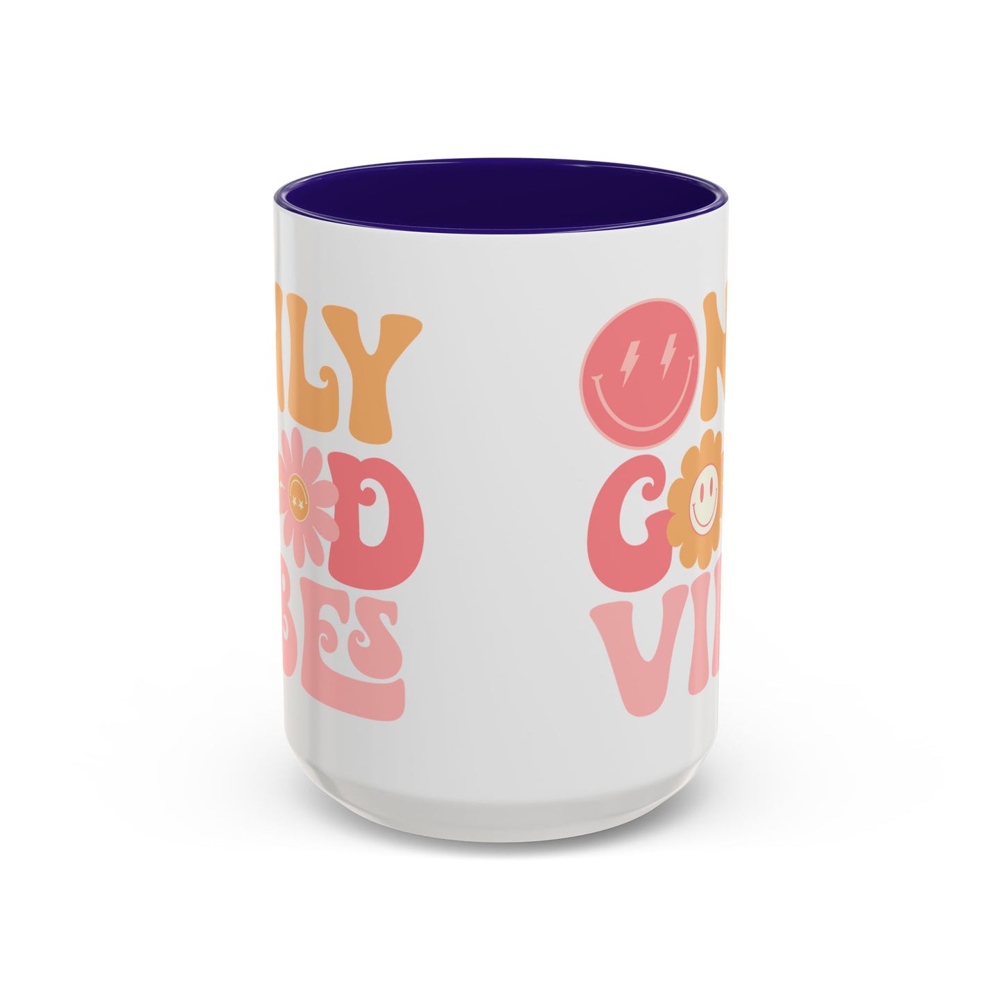 Only Good Vibes Accent Mug – Retro Bubble Letters & Flowers | 11oz 15oz Colored Handle