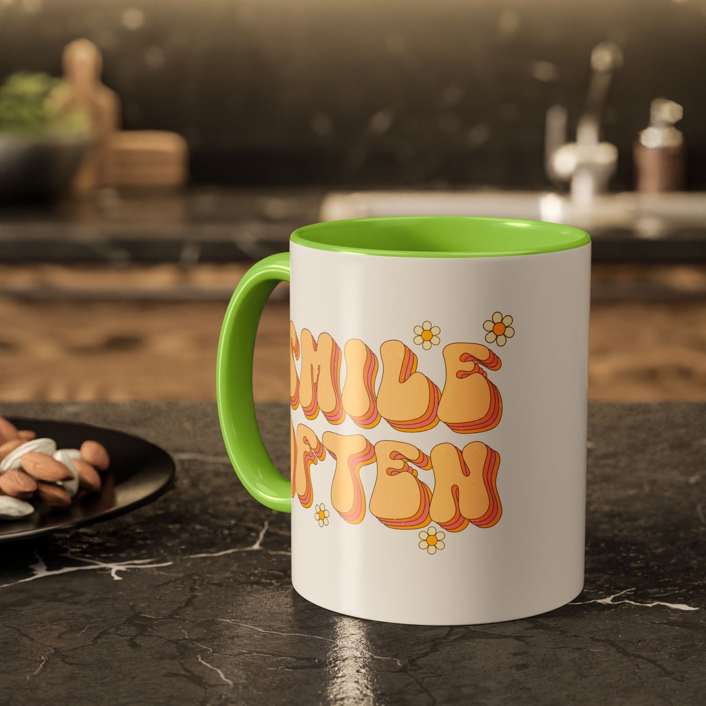 Smile Often Accent Mug – Retro Daisy Letters | 11oz 15oz colored Handle