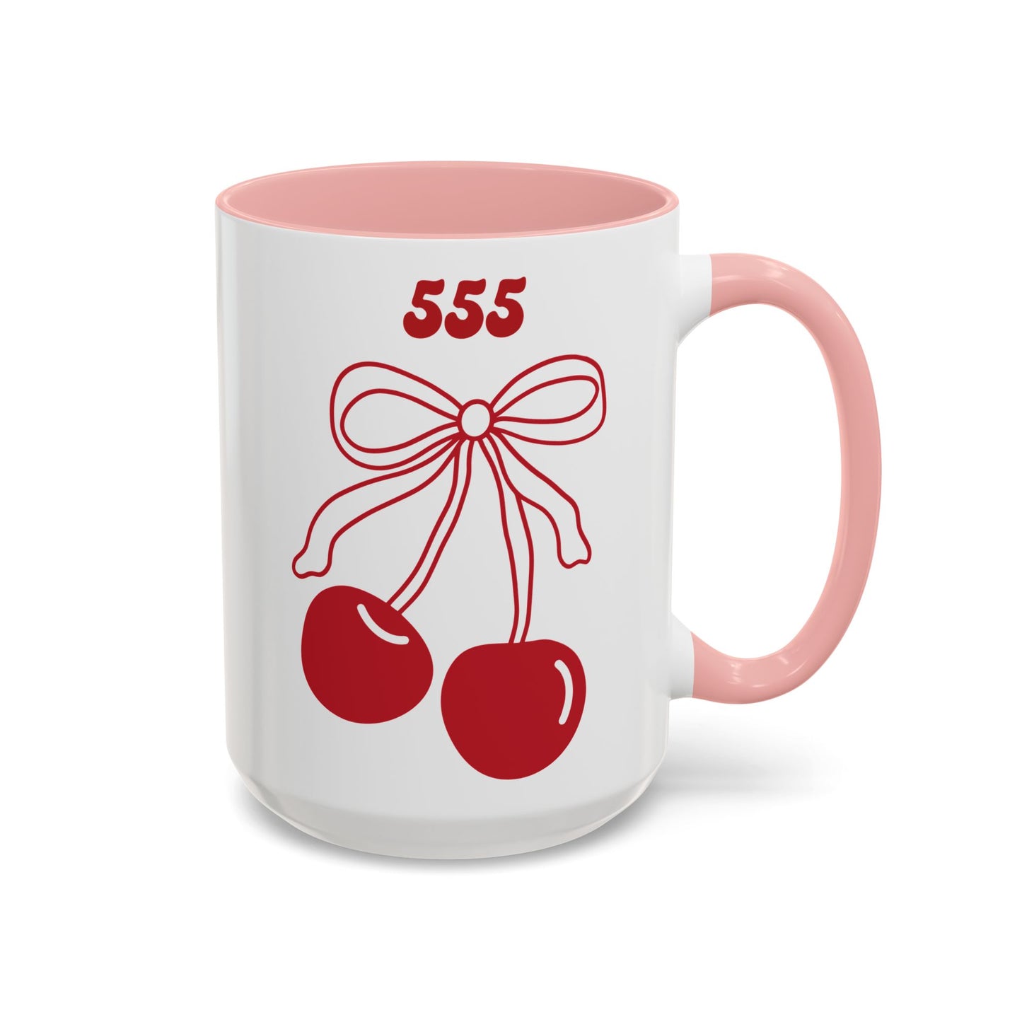 555 Angel Number Cherries Accent Mug – Coquette Bow Kawaii | 11oz 15oz — Pink, Red, Navy, Light Blue, Orange, Purple, Yellow
