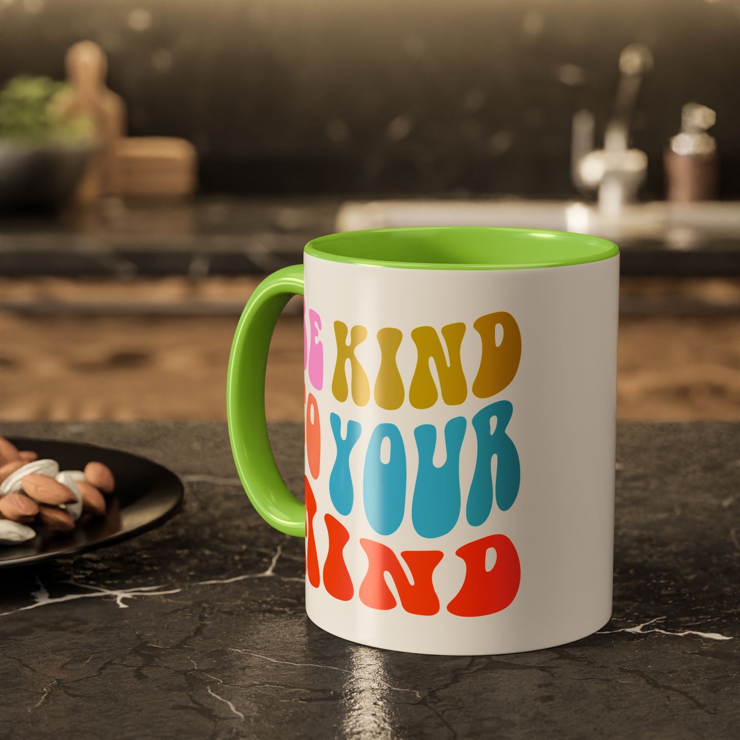 Be Kind To Your Mind Accent Mug – Retro Rainbow Letters | 11oz 15oz Multiple colors