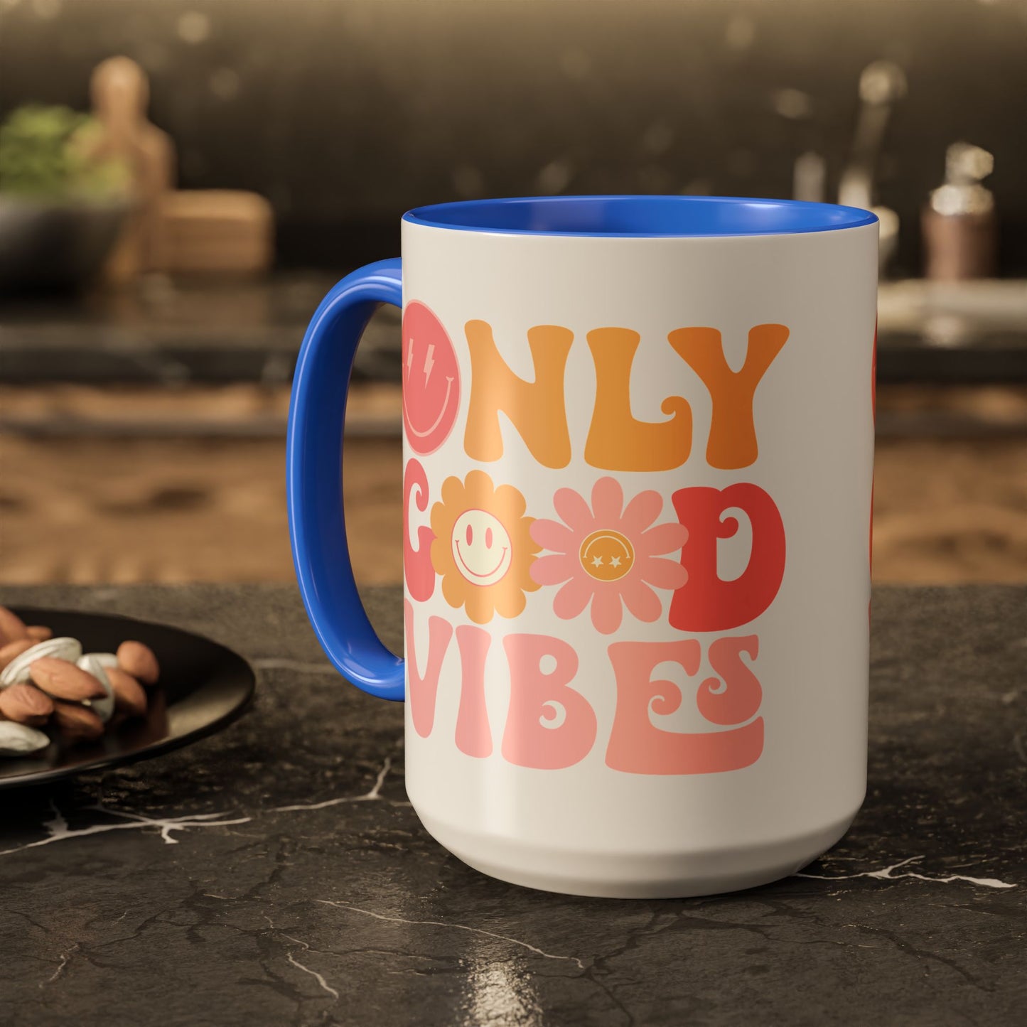 Only Good Vibes Accent Mug – Retro Bubble Letters & Flowers | 11oz 15oz Colored Handle