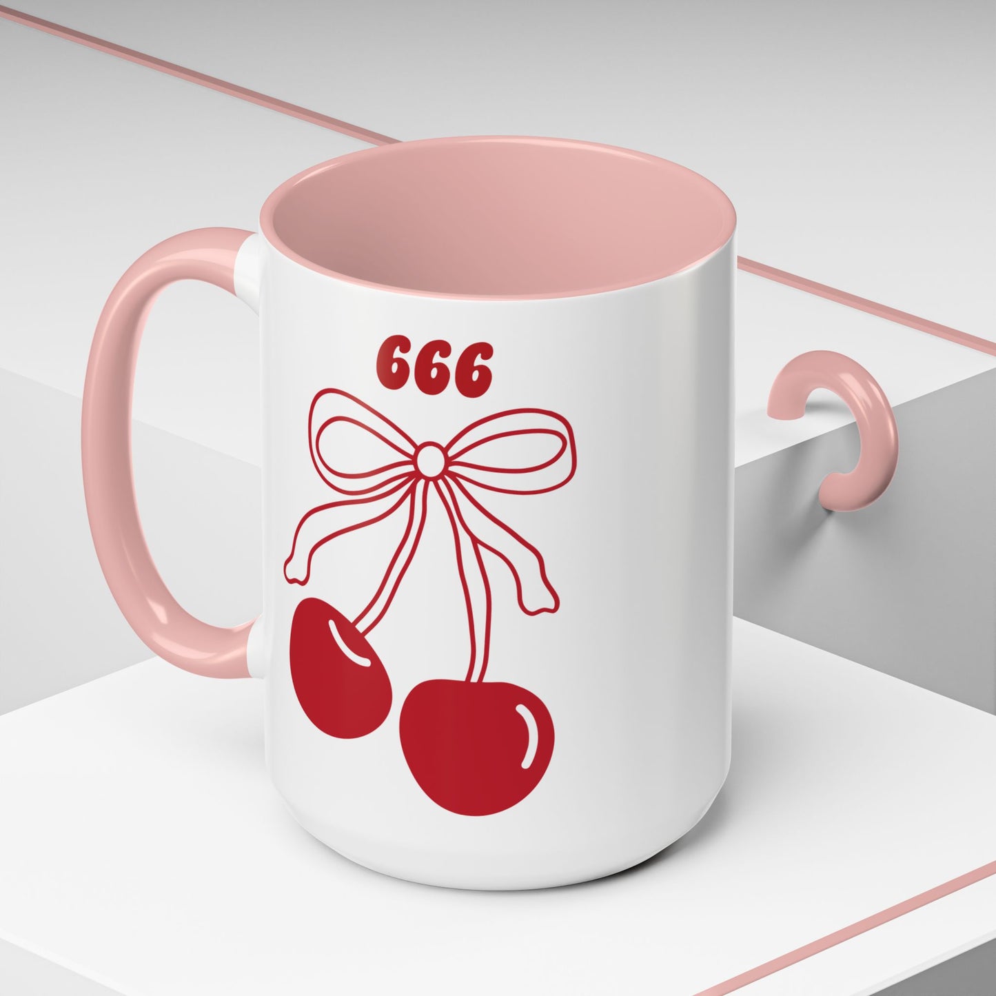 666 Angel Number Cherries Accent Mug – Coquette Bow Kawaii | 11oz 15oz — Pink, Red, Light Blue, Orange, Purple, Yellow