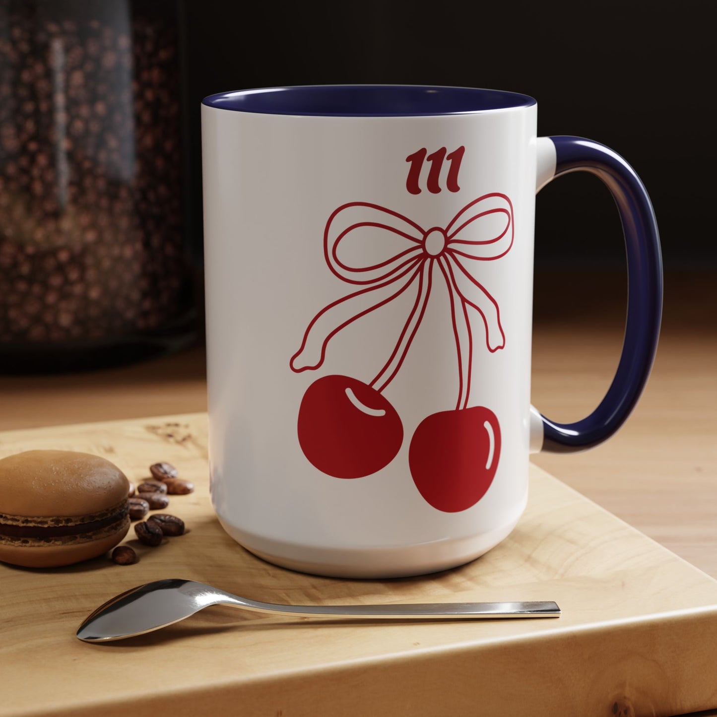 111 Angel Number Cherries Accent Mug – Coquette Bow Kawaii Coffee Mug Aesthetic | 11oz 15oz — Pink, Black, Purple, Yellow, Light Blue