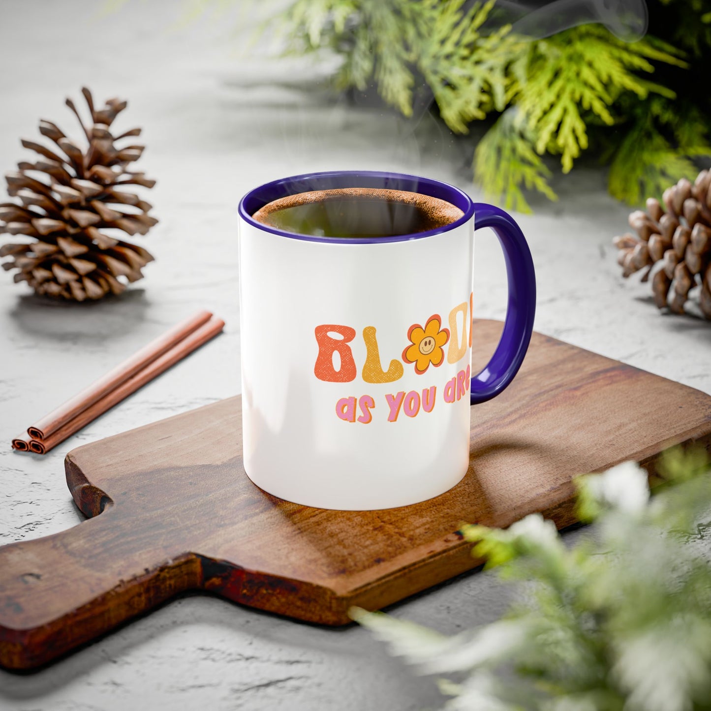 Bloom As You Are Accent Mug – Smiley Flower | 11oz 15oz Colored Handle