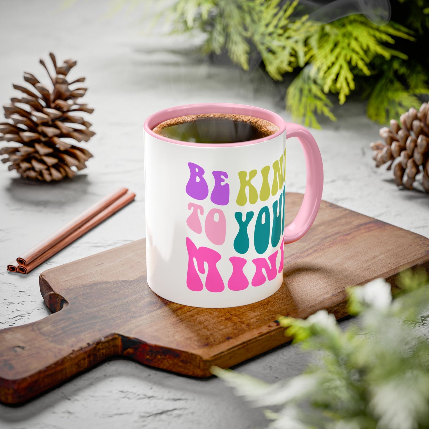 Be Kind To Your Mind Accent Mug – Retro Rainbow Letters | 11oz 15oz Colored Handle