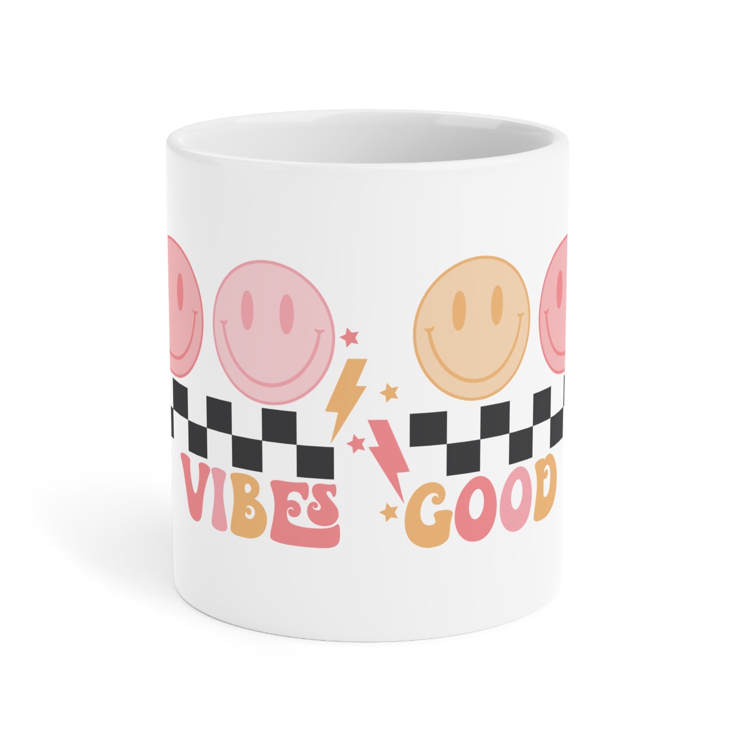 Good Vibes Psychedelic Coffee Mug 20oz - Pink Typography, Black-White Checkered with Smiling Faces - Retro Love, Radiate Positivity