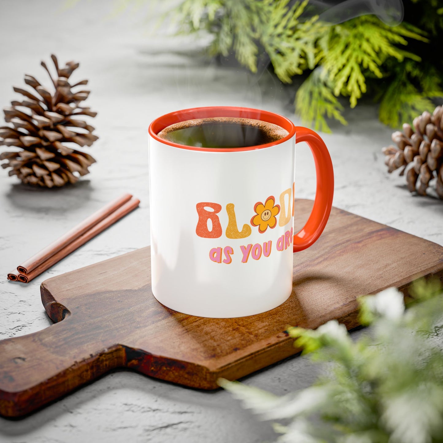 Bloom As You Are Accent Mug – Smiley Flower | 11oz 15oz Colored Handle