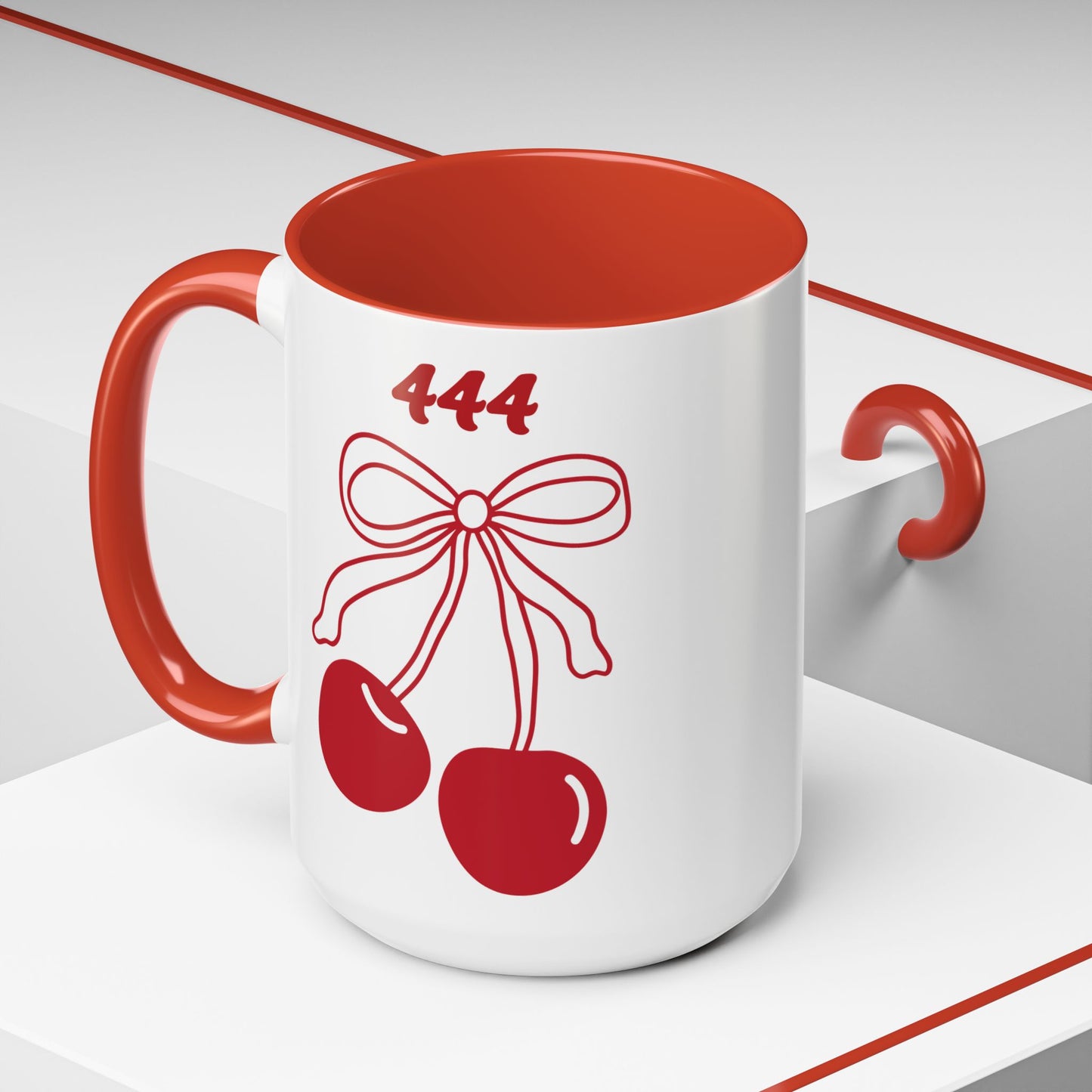 444 Angel Number Cherries Accent Mug – Coquette Bow Kawaii | 11oz 15oz — Navy, Light Blue, Orange, Purple, Yellow