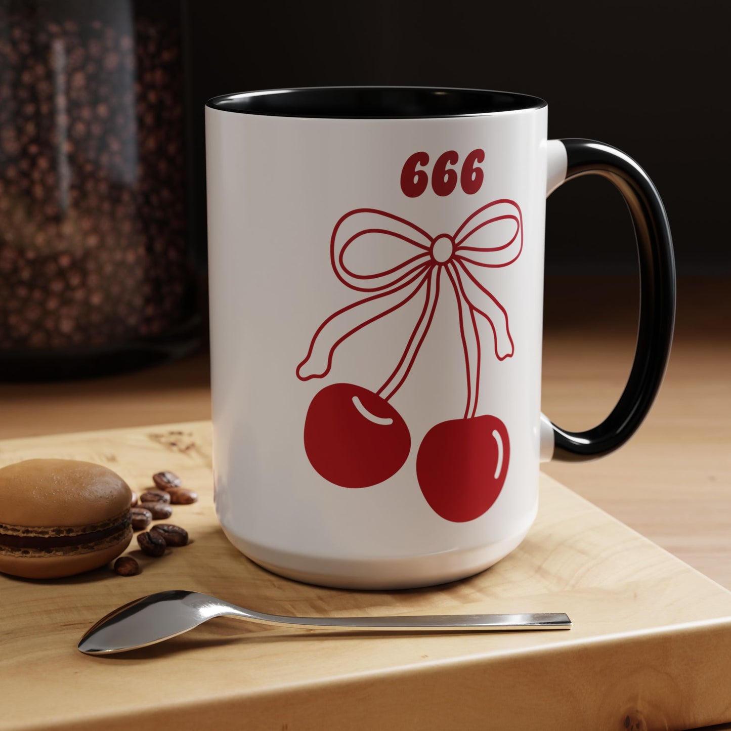 666 Angel Number Cherries Accent Mug – Coquette Bow Kawaii | 11oz 15oz — Pink, Red, Light Blue, Orange, Purple, Yellow