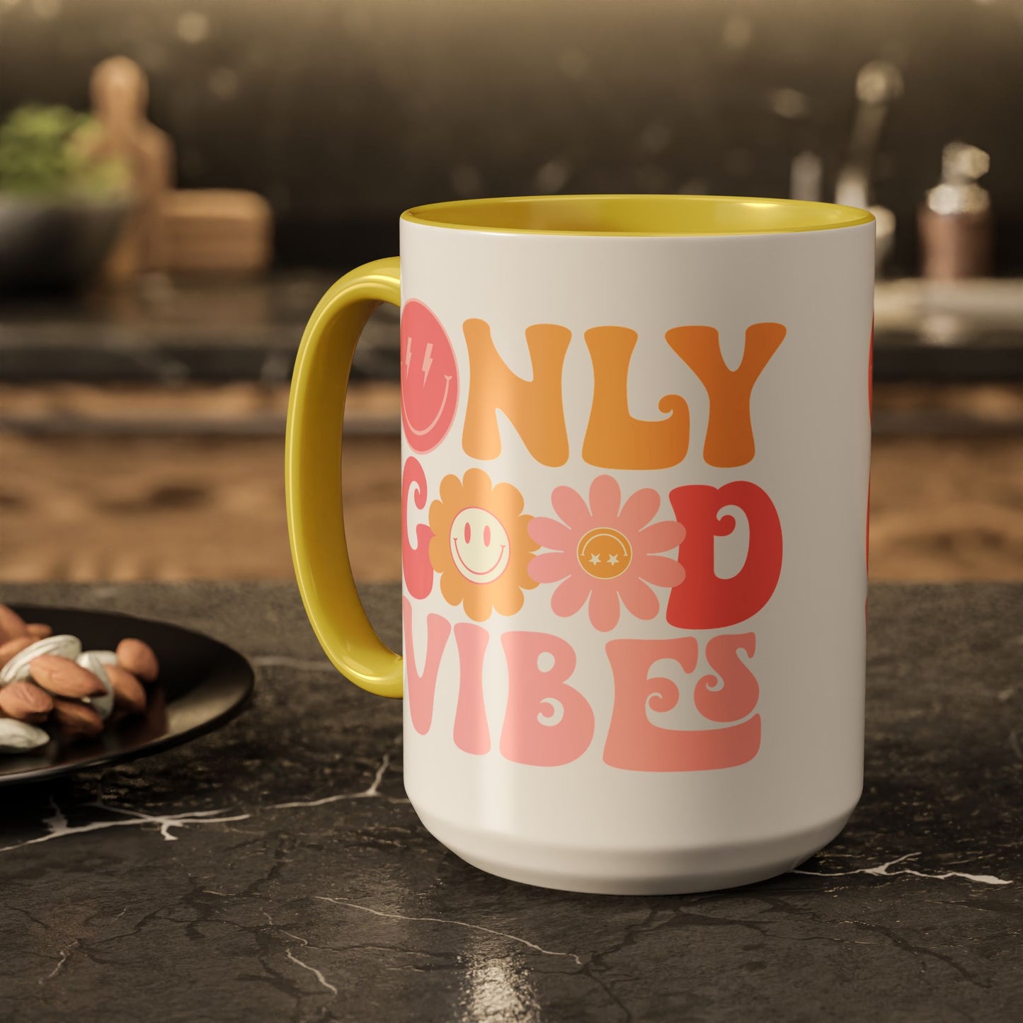 Only Good Vibes Accent Mug – Retro Bubble Letters & Flowers | 11oz 15oz Colored Handle