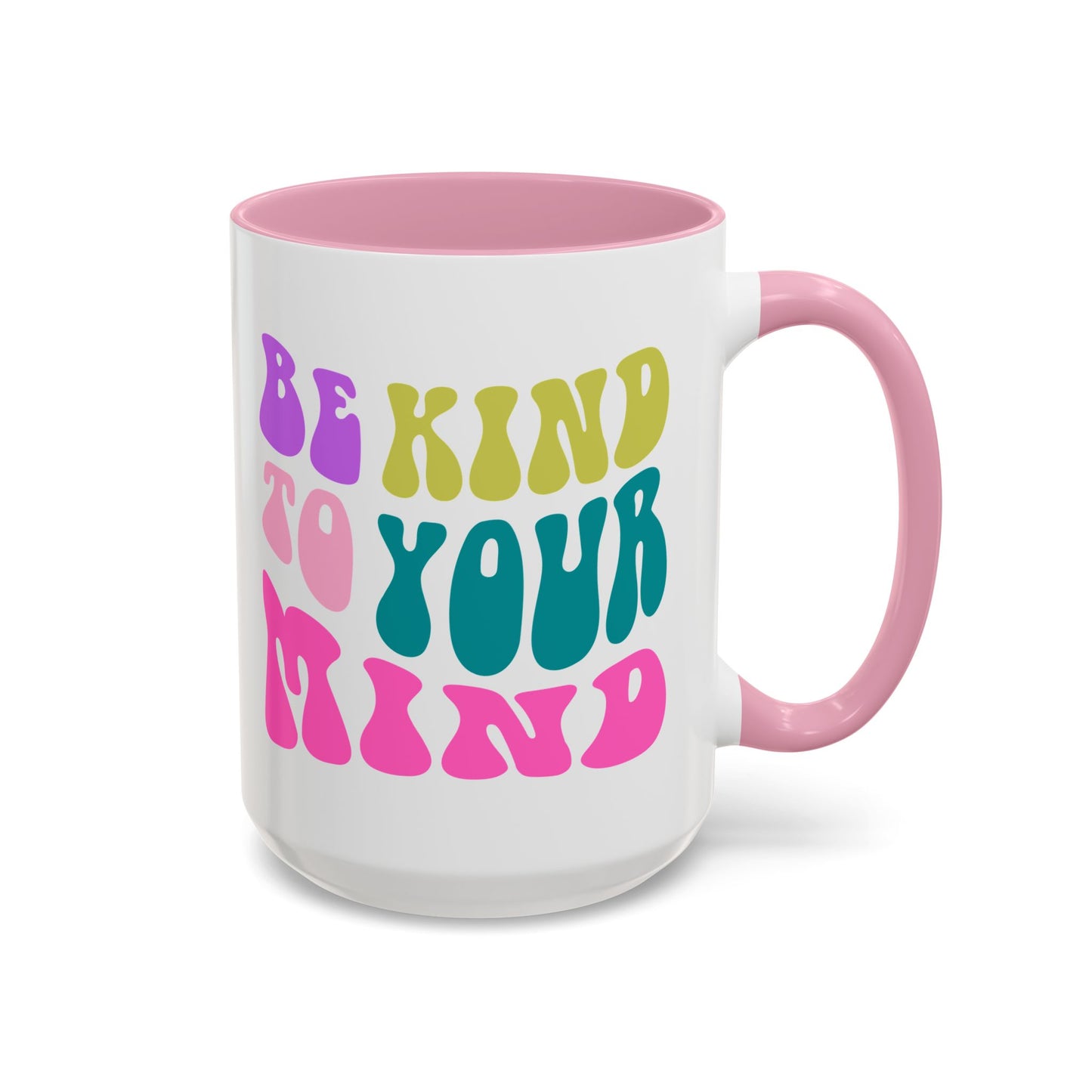 Be Kind To Your Mind Accent Mug – Retro Rainbow Letters | 11oz 15oz Colored Handle