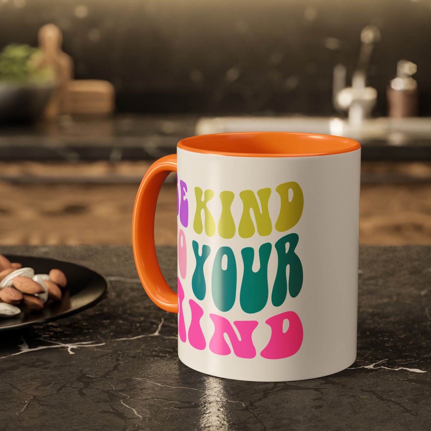Be Kind To Your Mind Accent Mug – Retro Rainbow Letters | 11oz 15oz Colored Handle