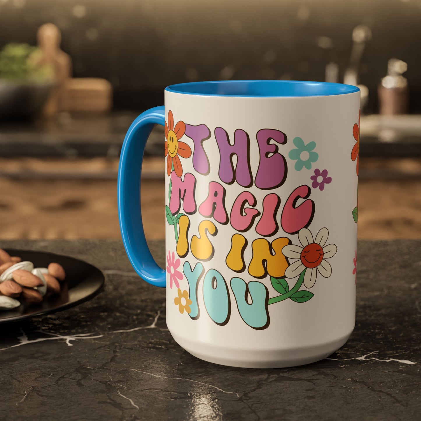 The Magic Is In You Accent Mug – Retro Flower Lettering | 11oz 15oz Colored Handle