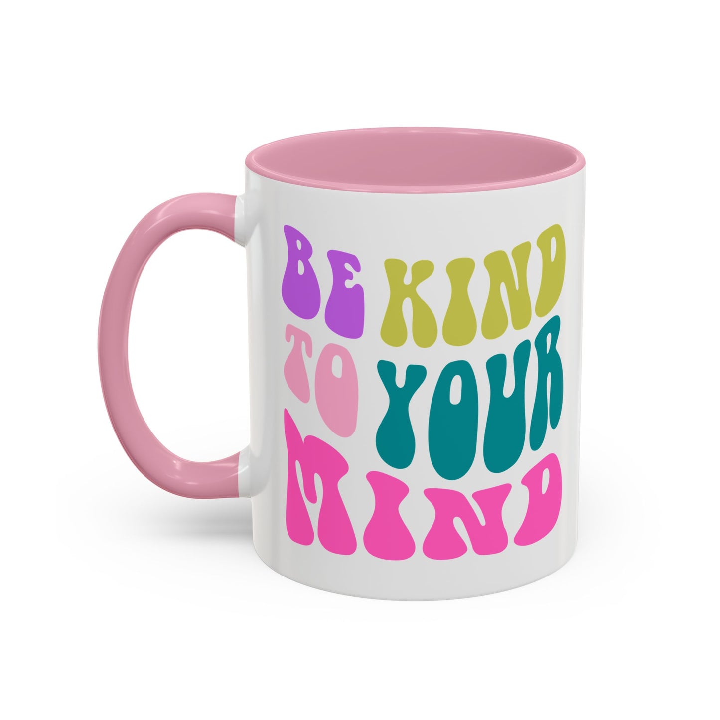Be Kind To Your Mind Accent Mug – Retro Rainbow Letters | 11oz 15oz Colored Handle