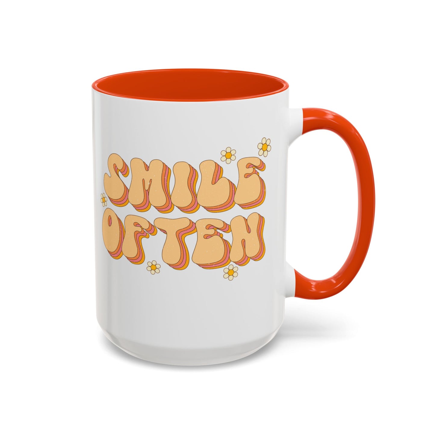 Smile Often Accent Mug – Retro Daisy Letters | 11oz 15oz colored Handle