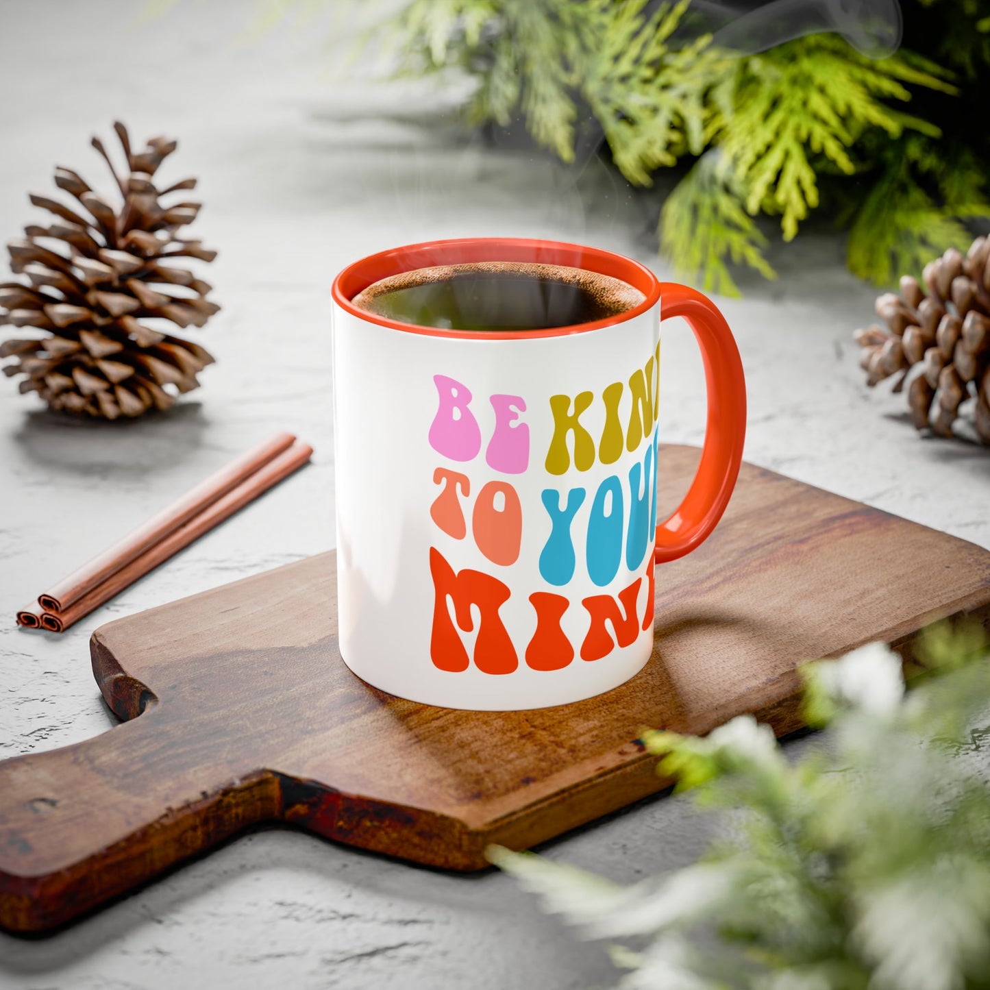 Be Kind To Your Mind Accent Mug – Retro Rainbow Letters | 11oz 15oz Multiple colors