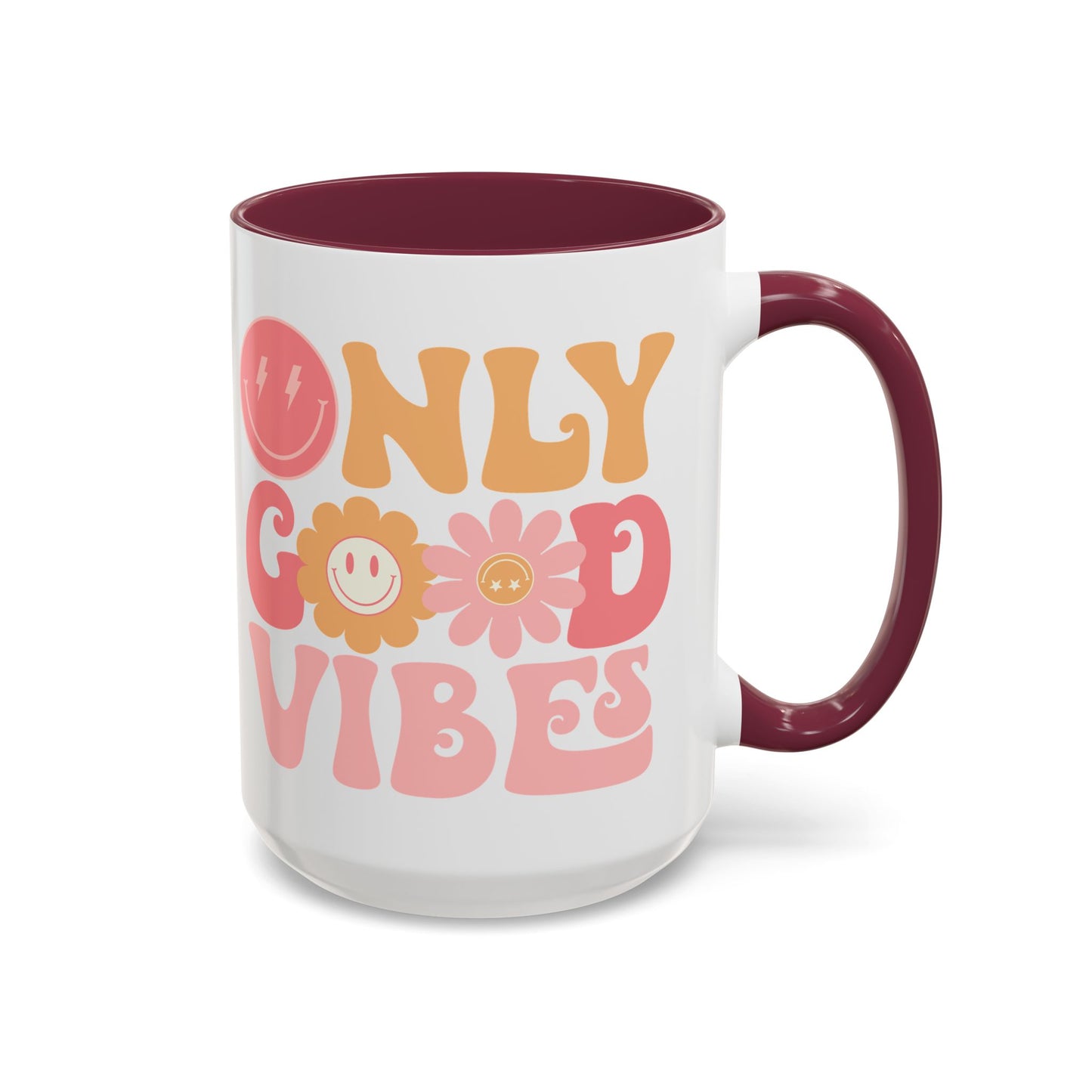 Only Good Vibes Accent Mug – Retro Bubble Letters & Flowers | 11oz 15oz Colored Handle