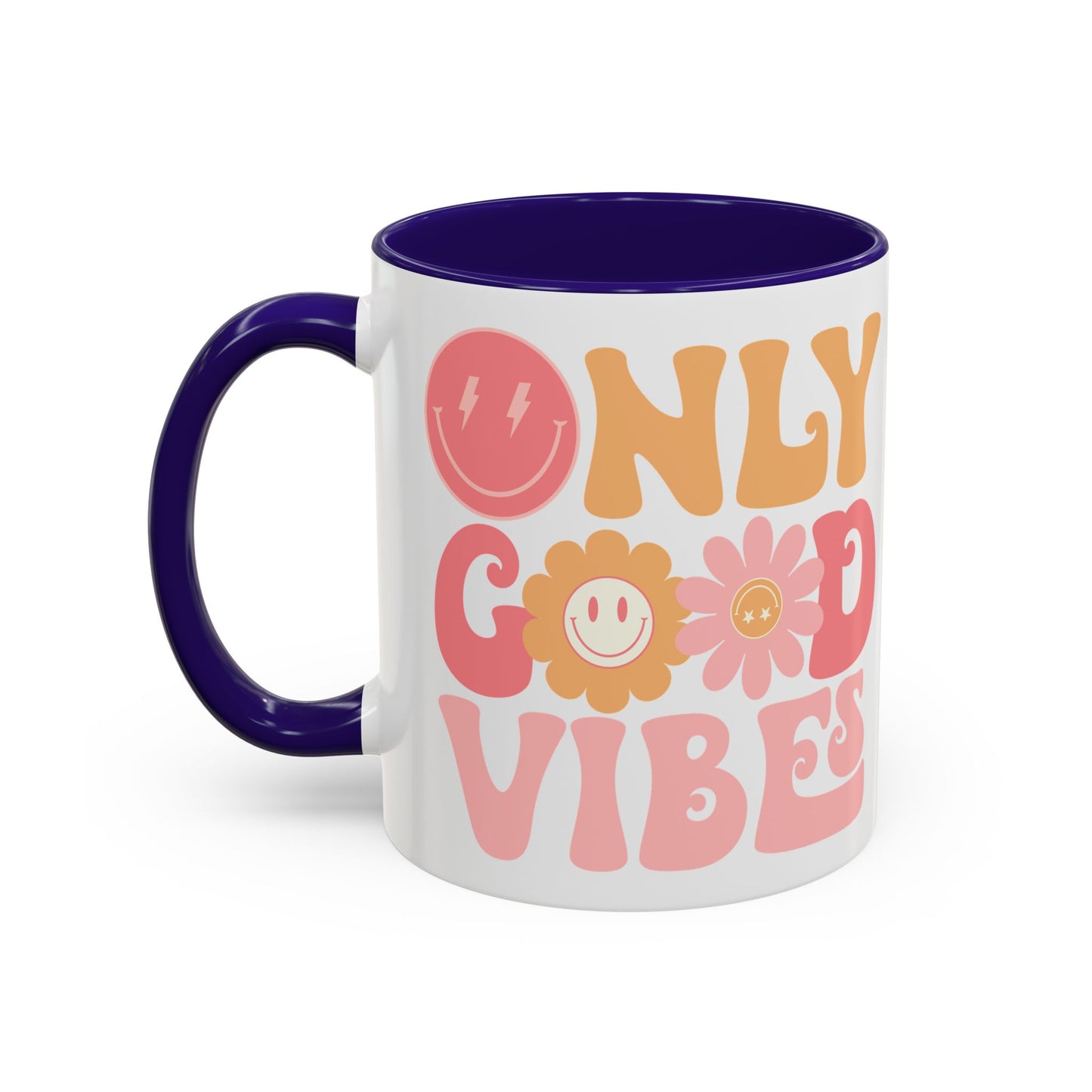Only Good Vibes Accent Mug – Retro Bubble Letters & Flowers | 11oz 15oz Colored Handle