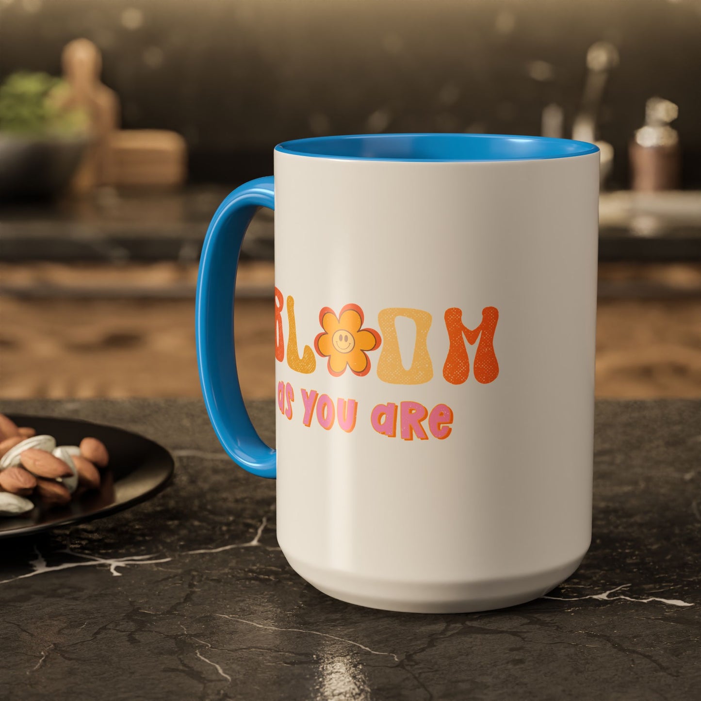Bloom As You Are Accent Mug – Smiley Flower | 11oz 15oz Colored Handle