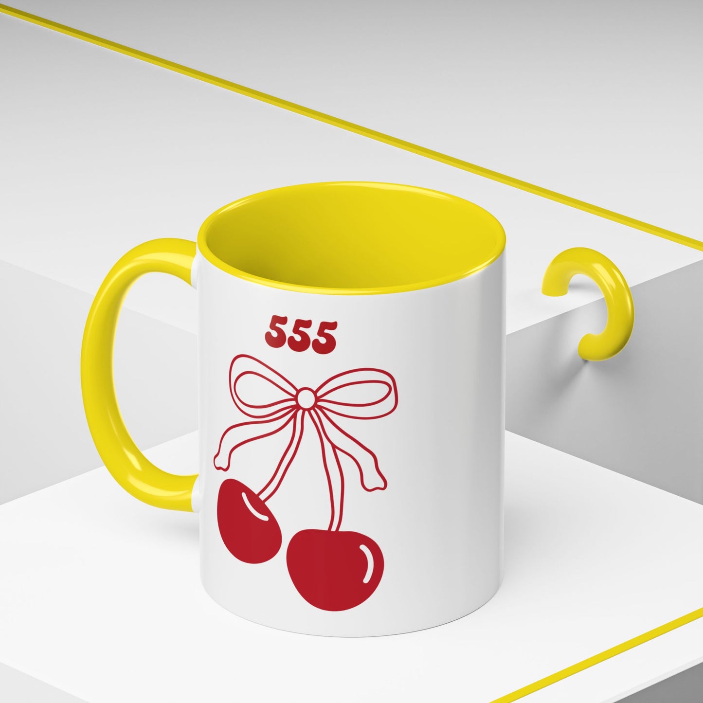 555 Angel Number Cherries Accent Mug – Coquette Bow Kawaii | 11oz 15oz — Pink, Red, Navy, Light Blue, Orange, Purple, Yellow