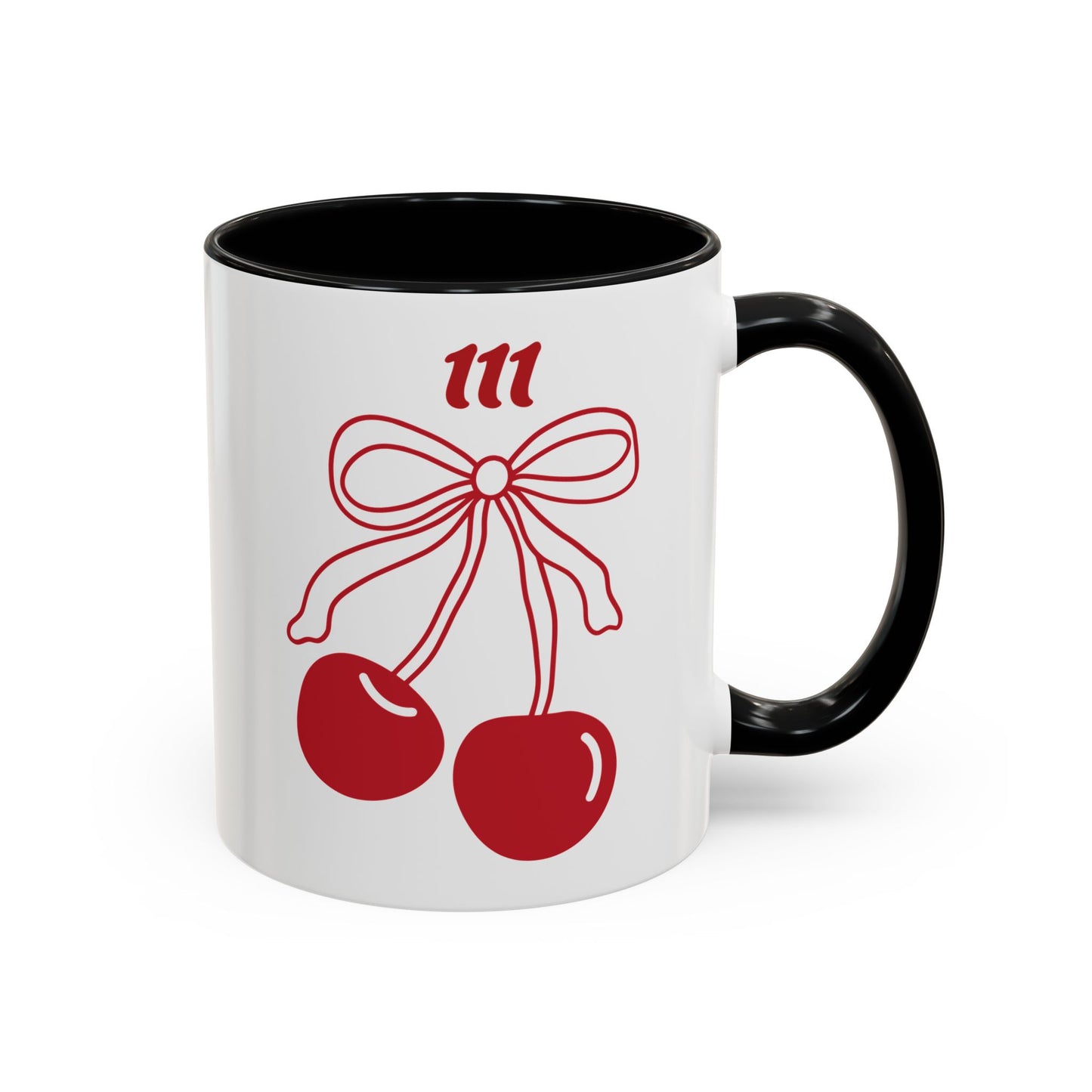 111 Angel Number Cherries Accent Mug – Coquette Bow Kawaii Coffee Mug Aesthetic | 11oz 15oz — Pink, Black, Purple, Yellow, Light Blue