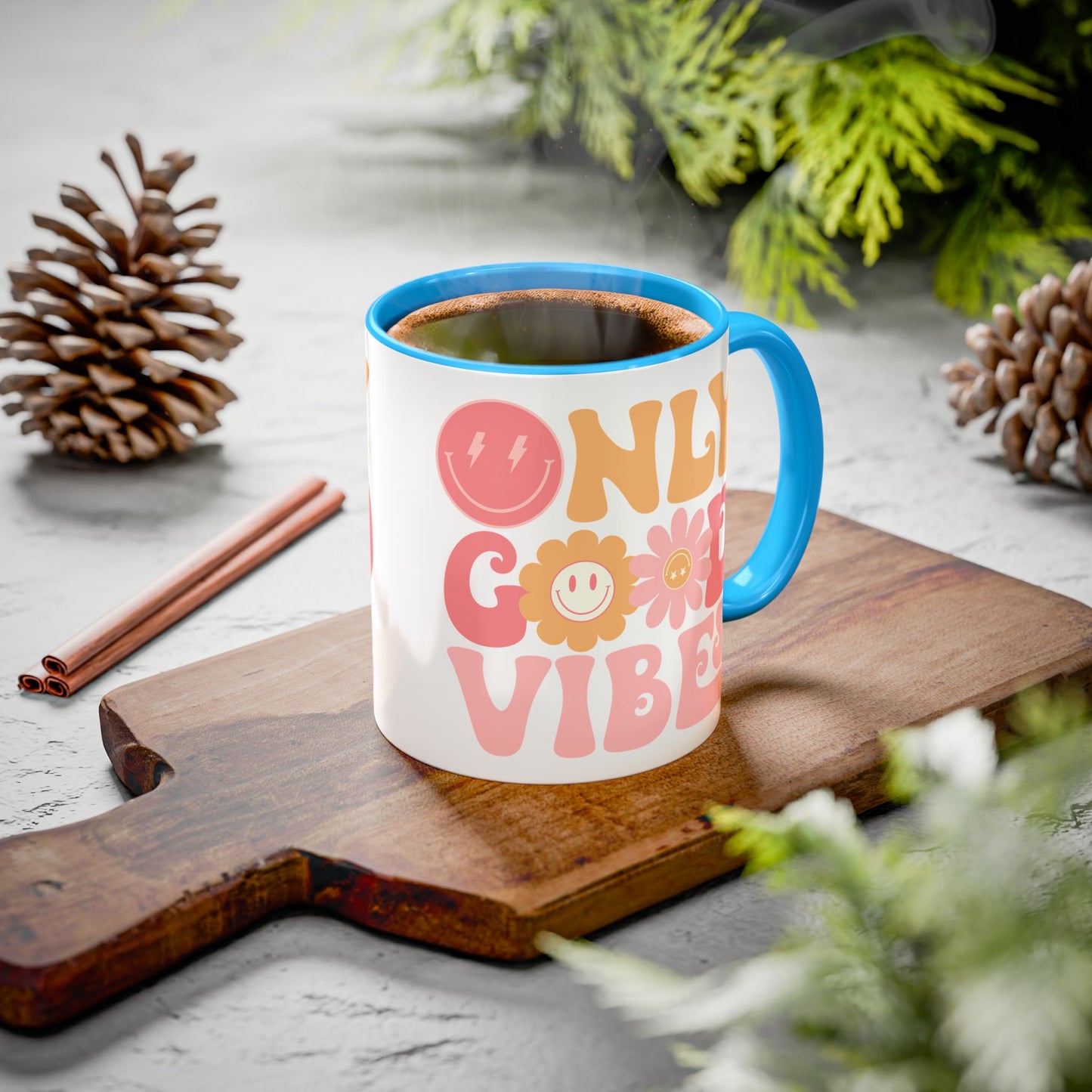 Only Good Vibes Accent Mug – Retro Bubble Letters & Flowers | 11oz 15oz Colored Handle
