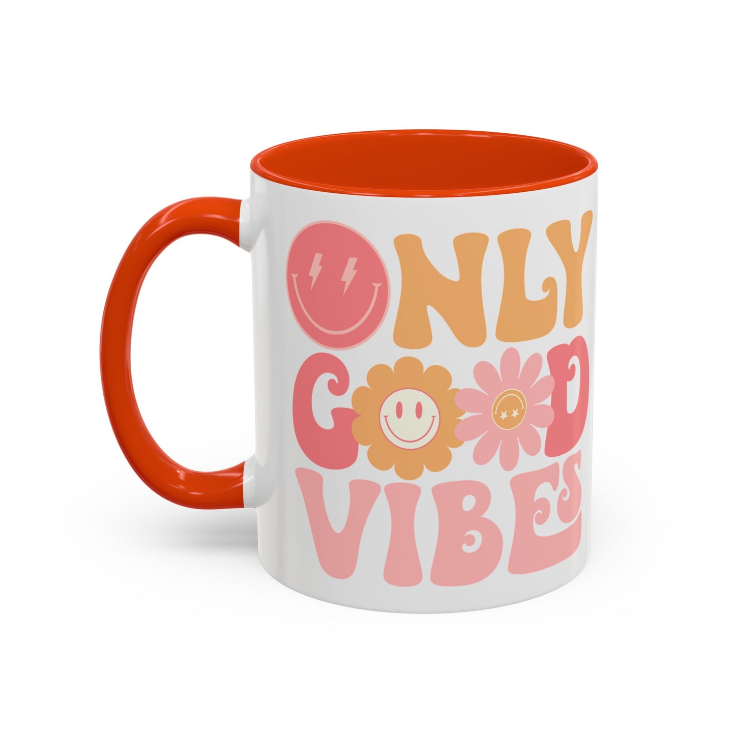 Only Good Vibes Accent Mug – Retro Bubble Letters & Flowers | 11oz 15oz Colored Handle