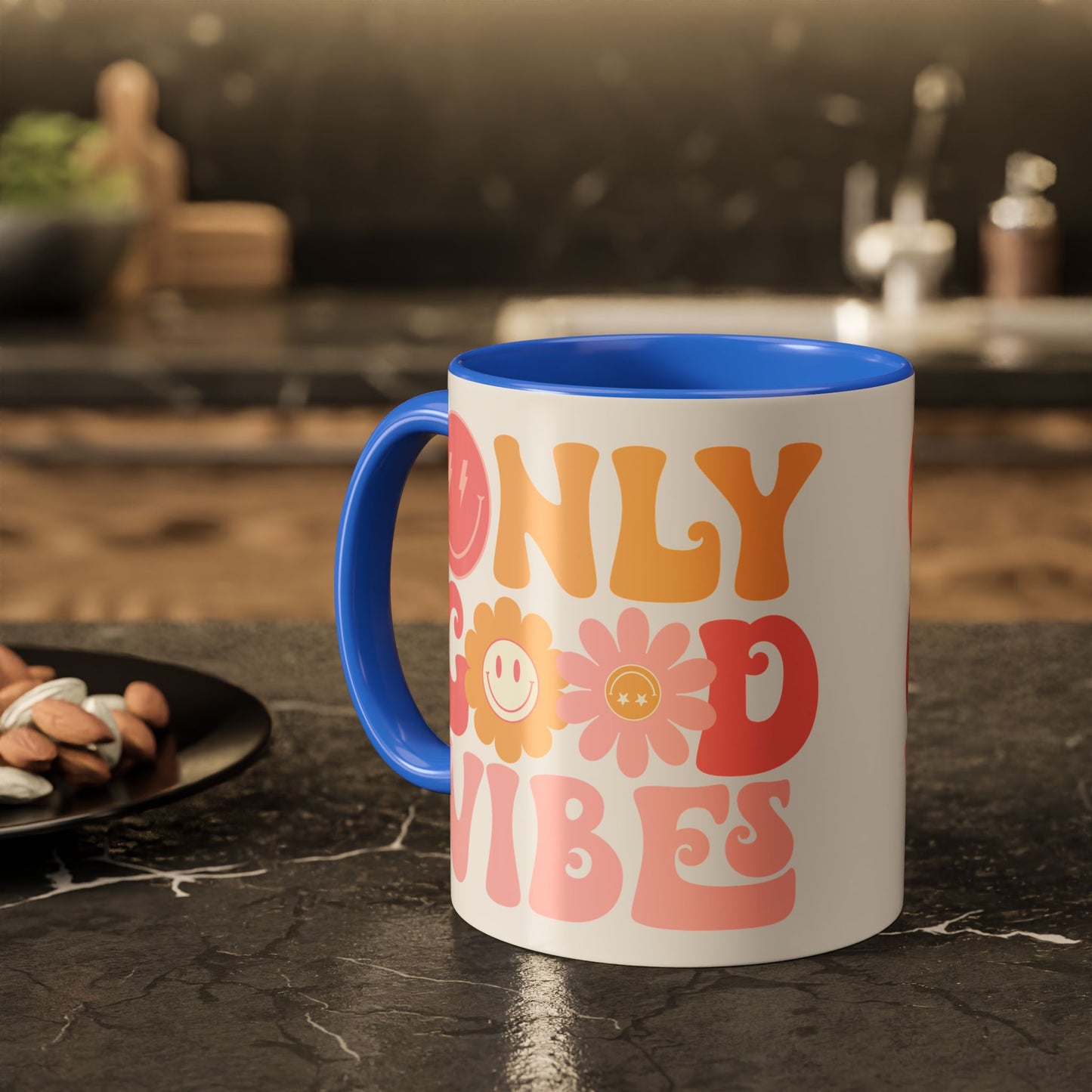 Only Good Vibes Accent Mug – Retro Bubble Letters & Flowers | 11oz 15oz Colored Handle
