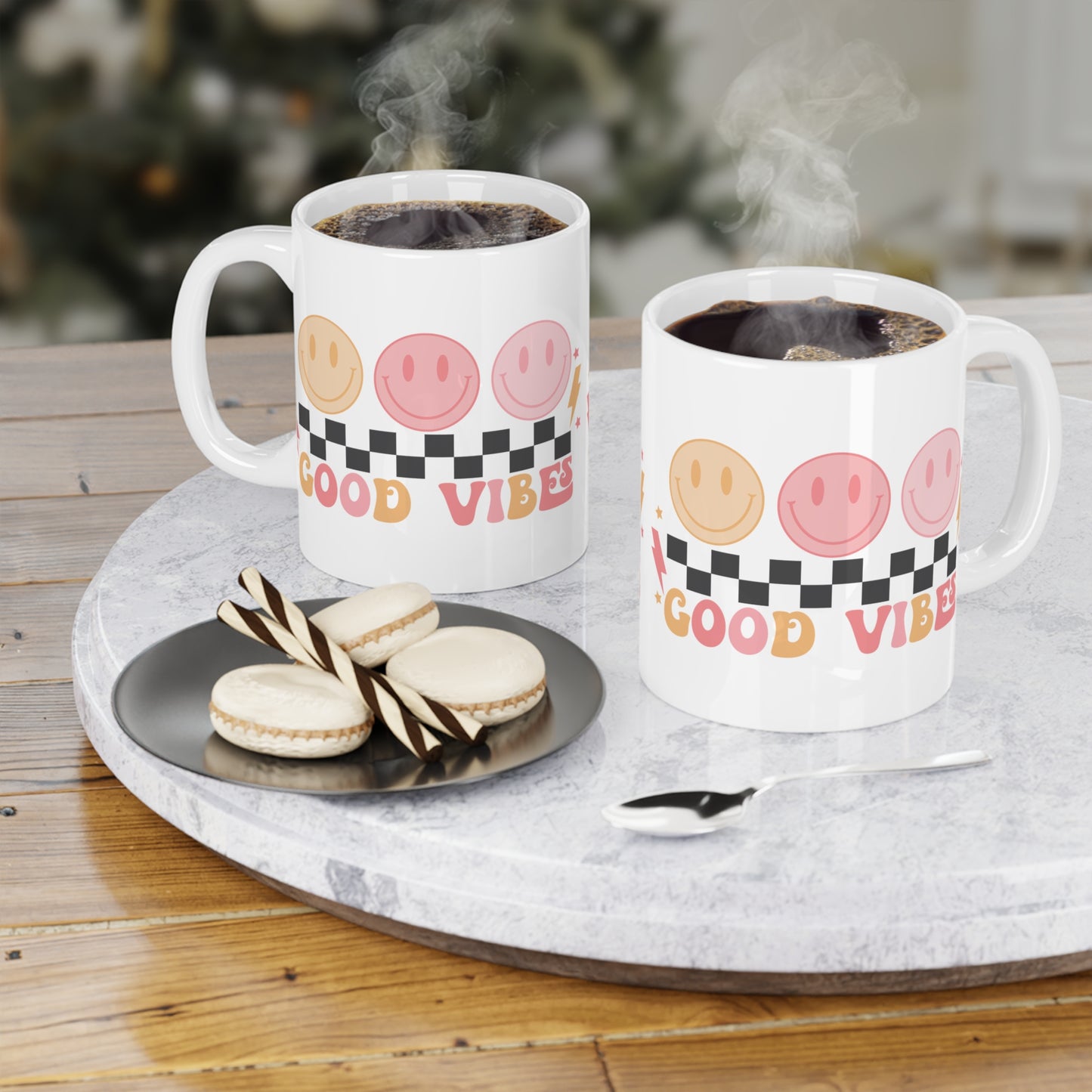 Good Vibes Psychedelic Coffee Mug 20oz - Pink Typography, Black-White Checkered with Smiling Faces - Retro Love, Radiate Positivity