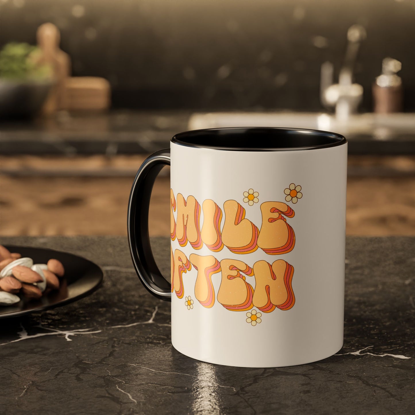 Smile Often Accent Mug – Retro Daisy Letters | 11oz 15oz colored Handle