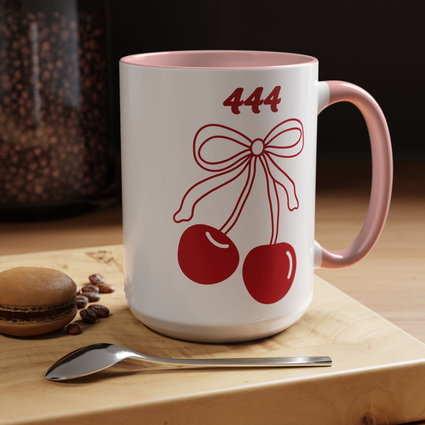444 Angel Number Cherries Accent Mug – Coquette Bow Kawaii | 11oz 15oz — Navy, Light Blue, Orange, Purple, Yellow