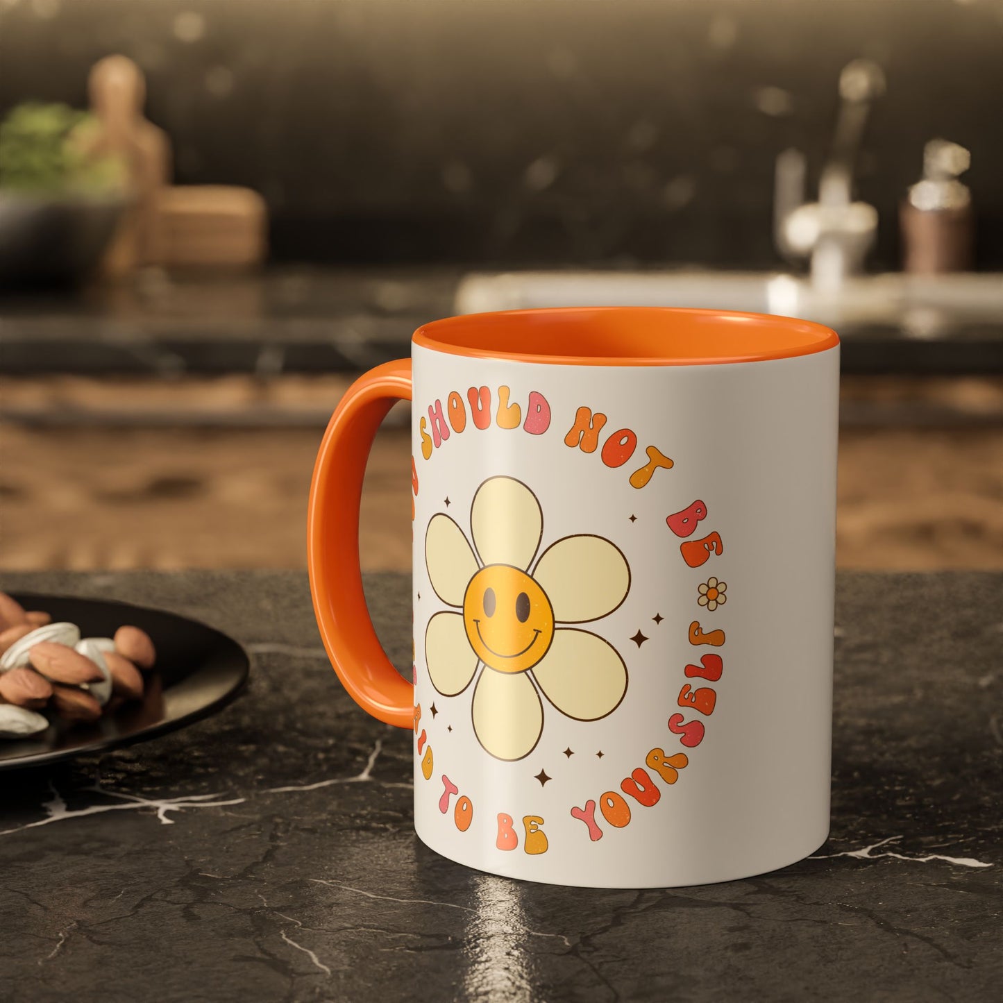 Don’t Be Afraid To Be Yourself Accent Mug – Smiley Flower | 11oz 15oz Colored Handle
