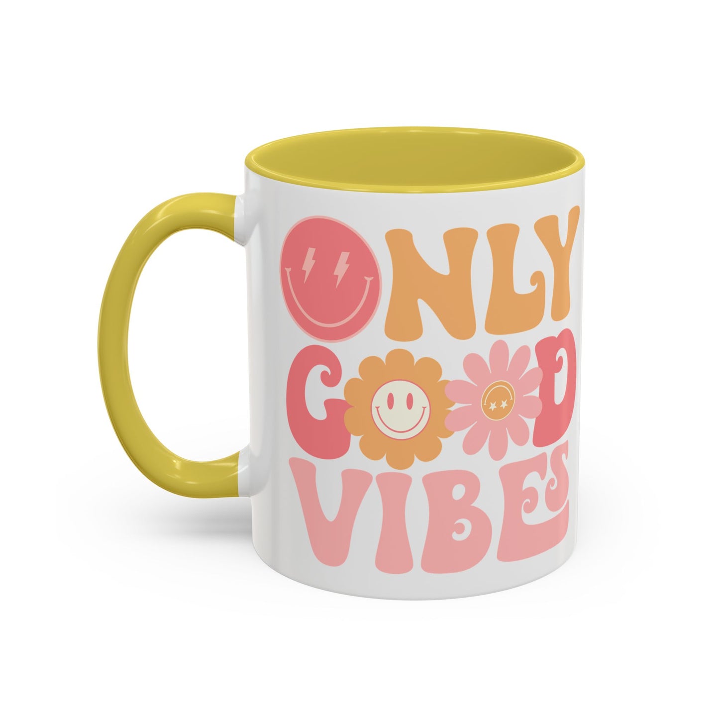 Only Good Vibes Accent Mug – Retro Bubble Letters & Flowers | 11oz 15oz Colored Handle