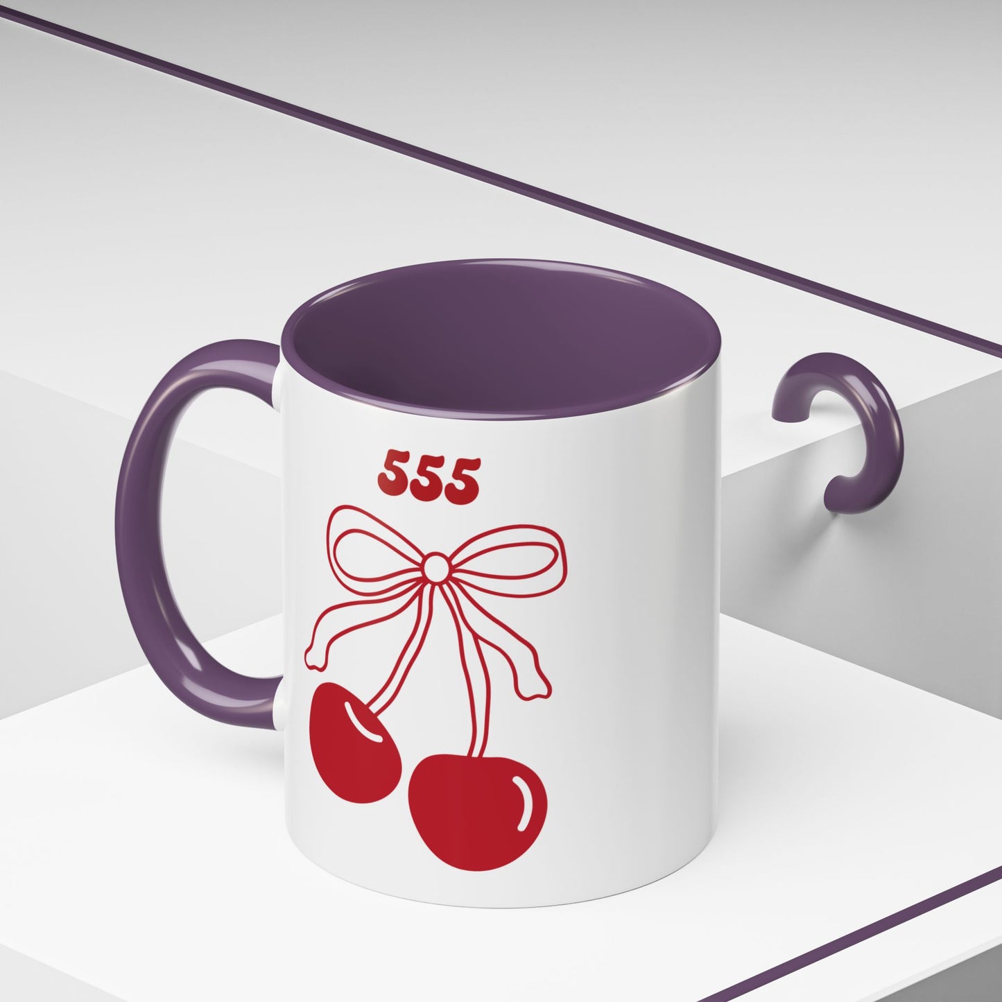 555 Angel Number Cherries Accent Mug – Coquette Bow Kawaii | 11oz 15oz — Pink, Red, Navy, Light Blue, Orange, Purple, Yellow