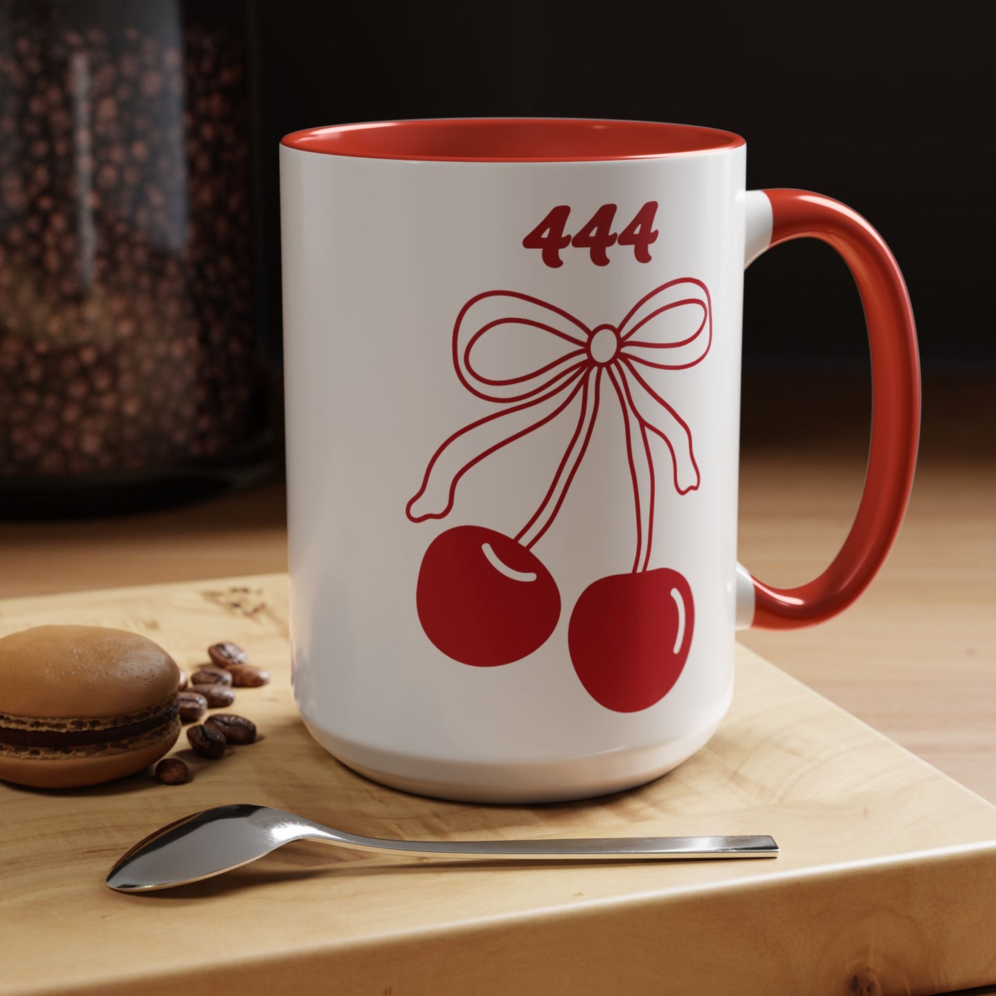 444 Angel Number Cherries Accent Mug – Coquette Bow Kawaii | 11oz 15oz — Navy, Light Blue, Orange, Purple, Yellow