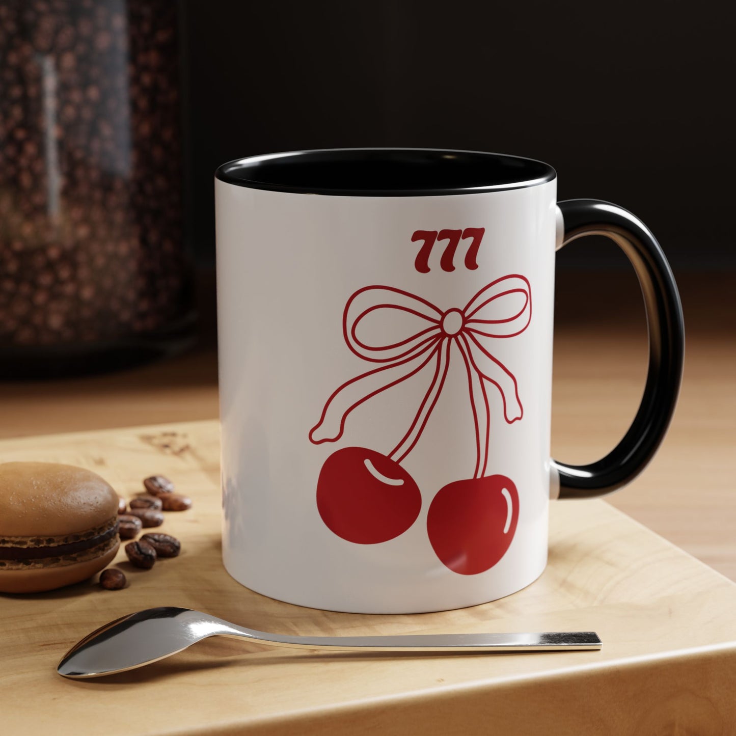 777 Angel Number Cherries Accent Mug – Coquette Bow Kawaii | 11oz 15oz — Yellow, Pink, Red, Navy, Light Blue, Orange, Purple