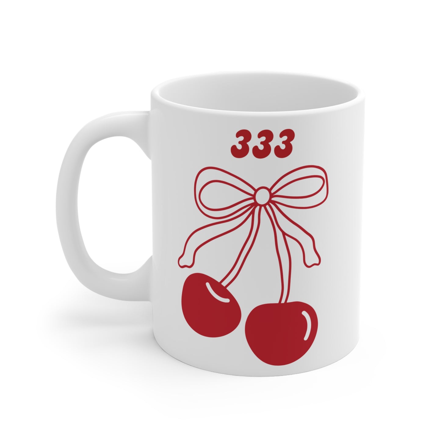 333 Angel Number Cherries Coffee Mug – Coquette Bow Minimal | Kawaii Coffee Mug | 11oz 15oz 20oz White Ceramic