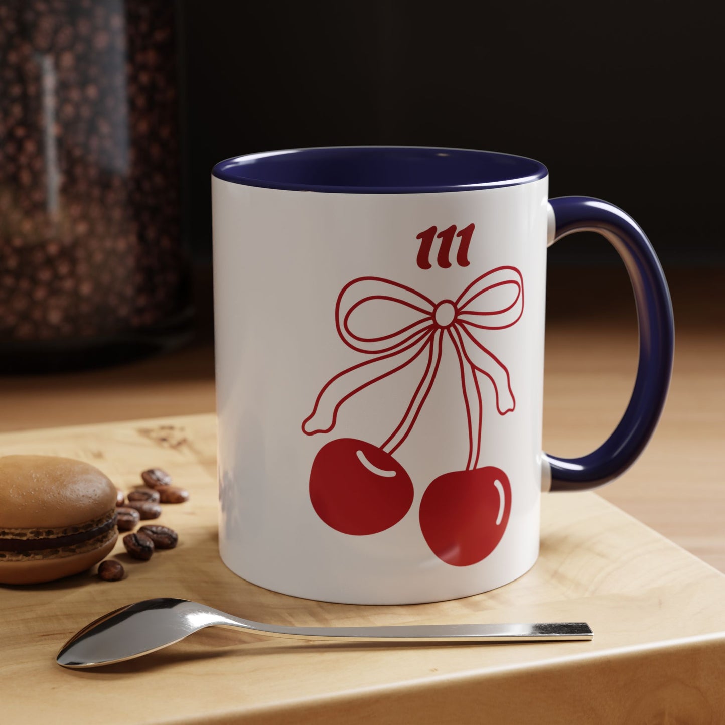 111 Angel Number Cherries Accent Mug – Coquette Bow Kawaii Coffee Mug Aesthetic | 11oz 15oz — Pink, Black, Purple, Yellow, Light Blue