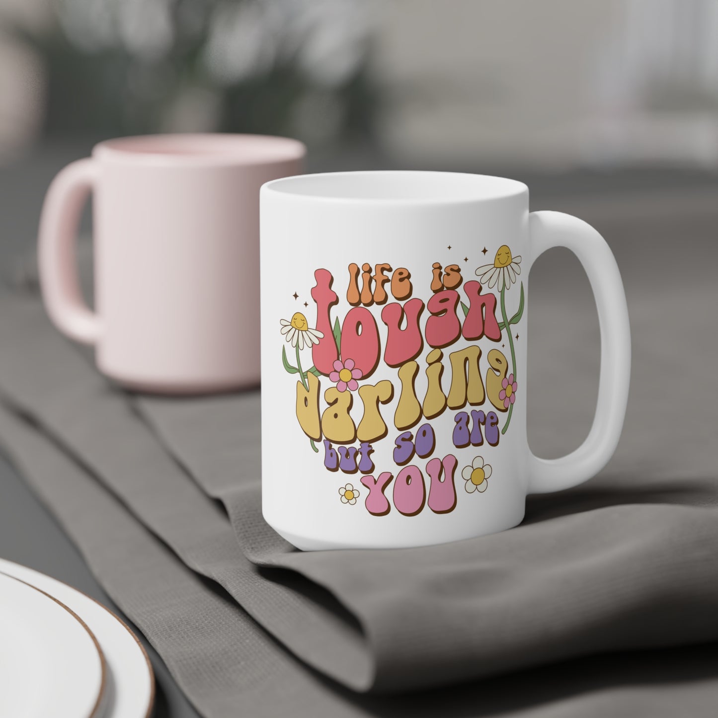 70s Groovy Life is Tough Darling Coffee Mug 20oz - Wavy Font, Multi-Color - Inspirational Resilience Gift, Vintage Style Drinkware