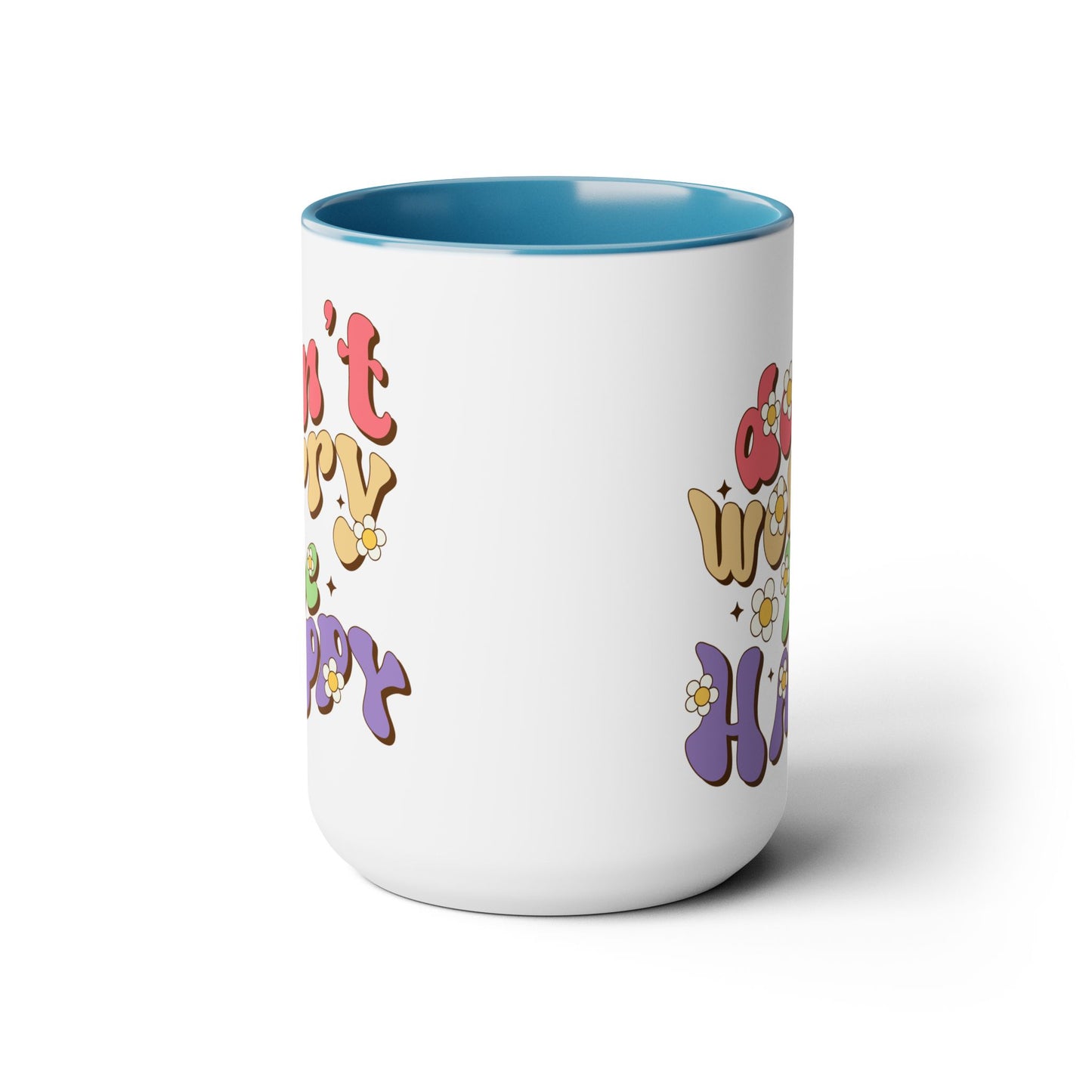 Groovy 70s Don't Worry Be Happy Coffee Mug 15oz - Retro Multicolor Wavy Font - Optimistic Message Cup - Joyful Gift, High Vibe Kitchenware
